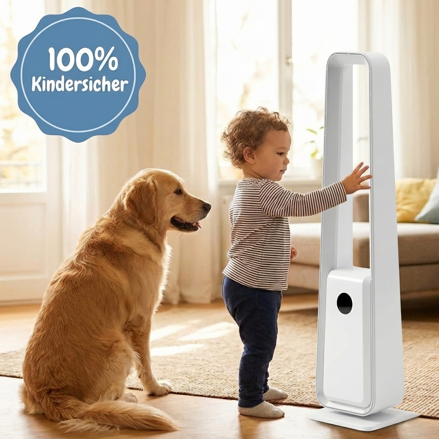 Ein Golden Retriever sitzt neben einem Kleinkind, das einen Turmlüfter berührt.