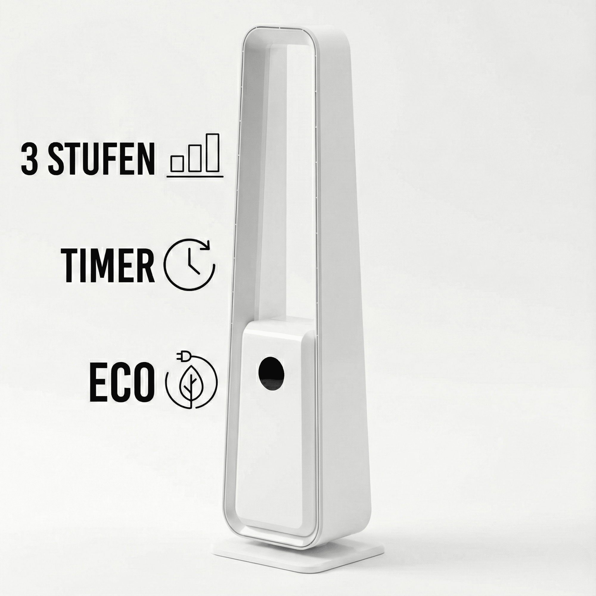 Ein weißer Turmventilator mit drei Stufen, Timer und Eco-Funktion.