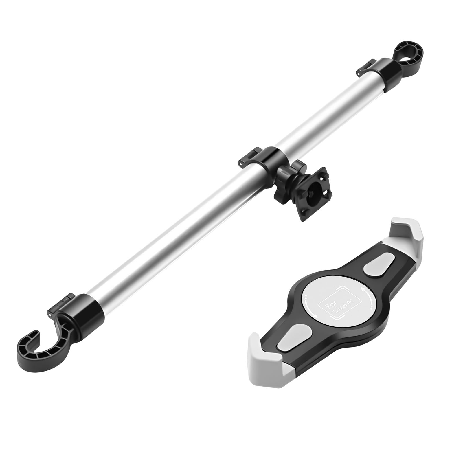 Ein ausziehbarer Stab mit Haken und eine Tablet-Halterung.