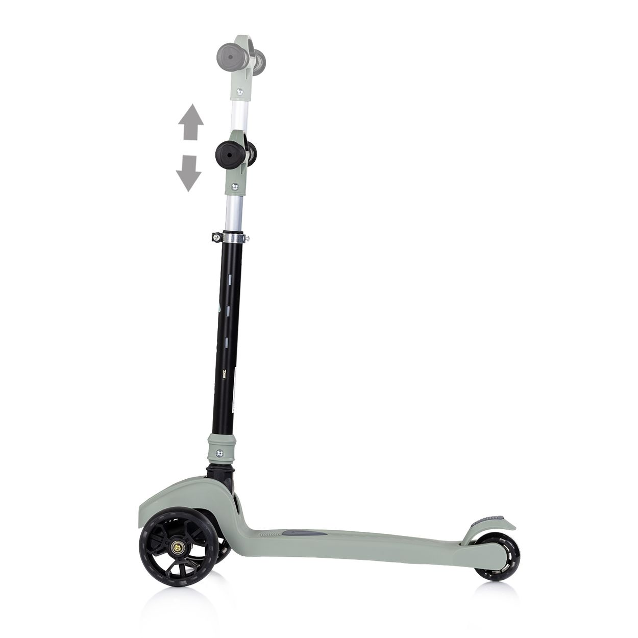 Grauer Roller mit drei Rädern und verstellbarem Lenker, weiße Pfeile zeigen Auf/Ab.