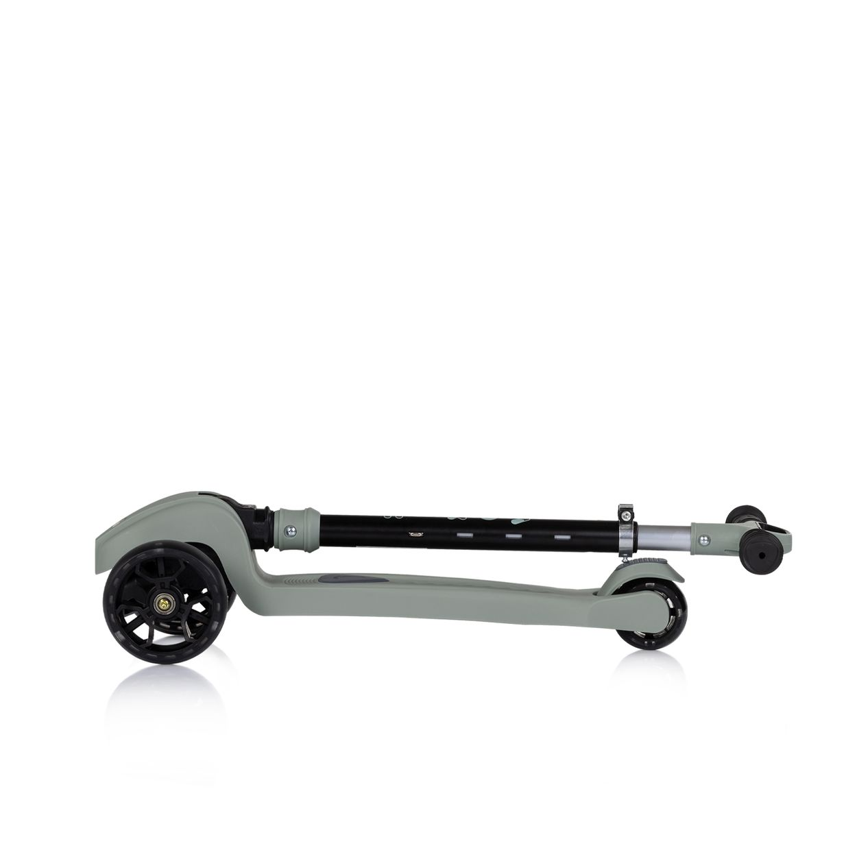 Grauer Roller mit drei Rädern, im Profil, auf weißem Hintergrund.