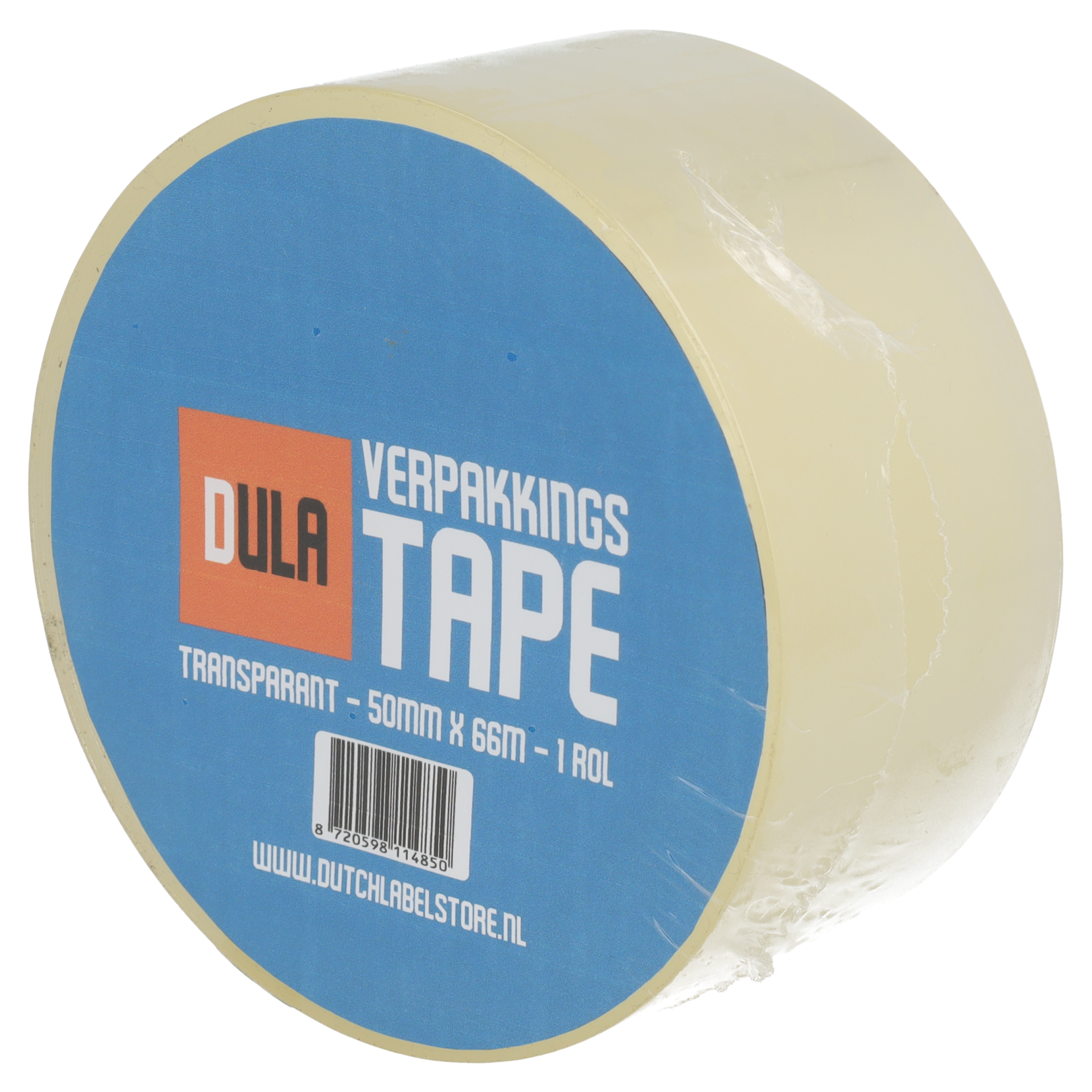 Een rol transparant verpakkingstape met een blauw label met 'DULA VERPAKKINGS TAPE'.