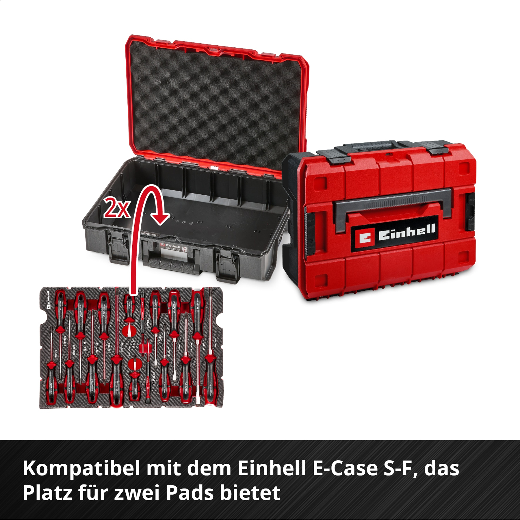 Ein roter Werkzeugkoffer mit Werkzeugen und Schaumstoffeinsatz.