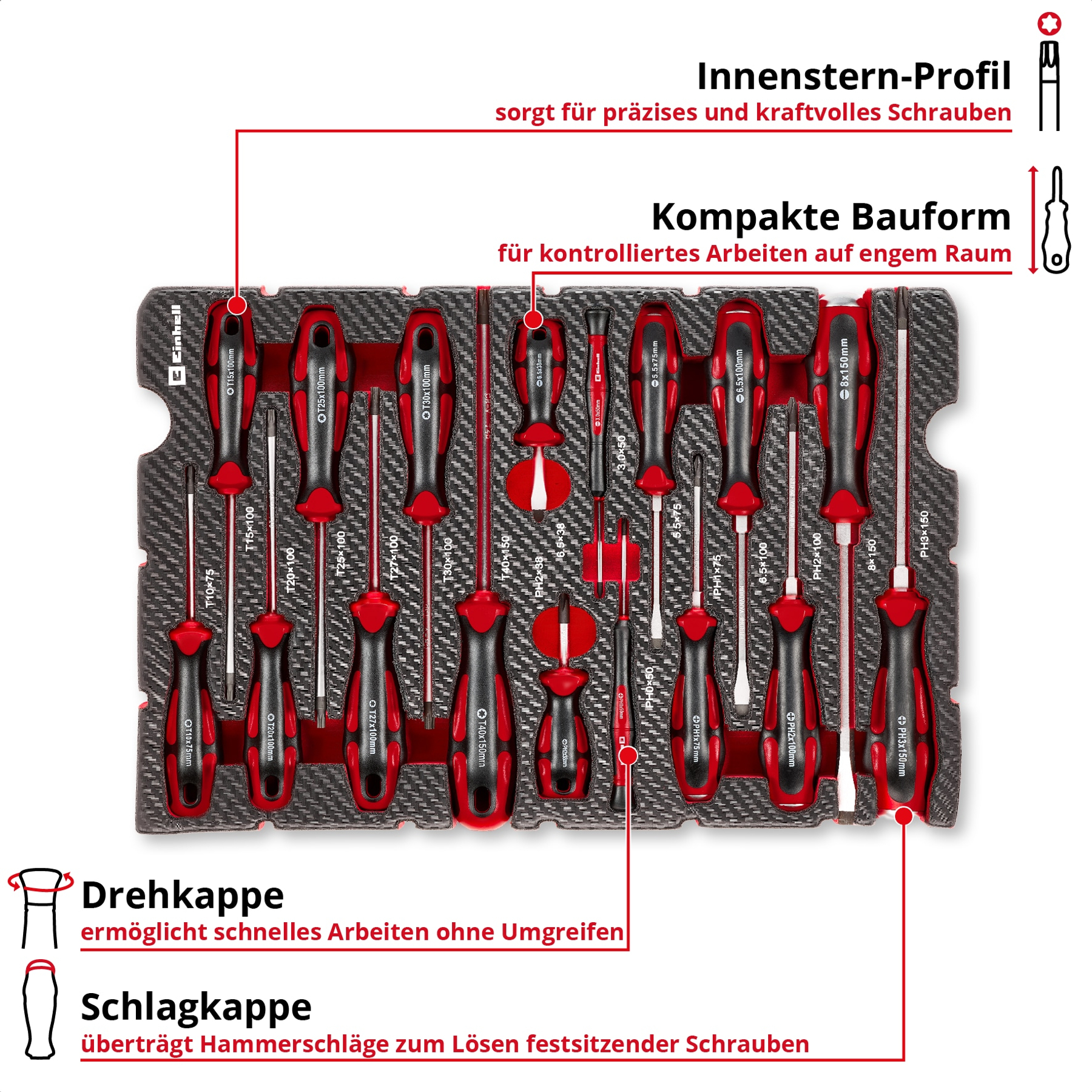 Werkzeugkasten mit verschiedenen Schraubendrehern und Bits in Rot und Schwarz.
