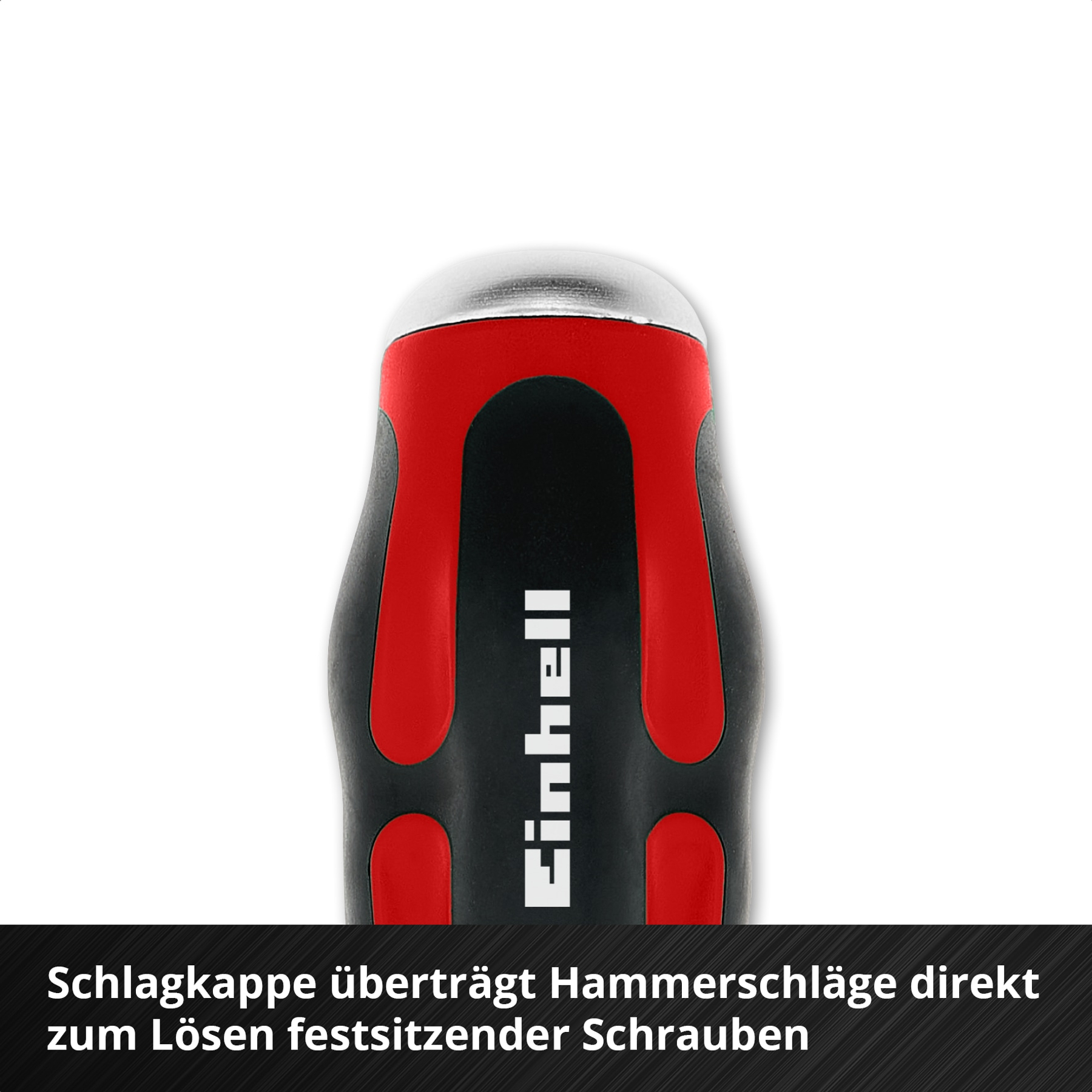 Größe eines Werkzeuggriffs mit roter und schwarzer Farbgebung und silberner Kappe.