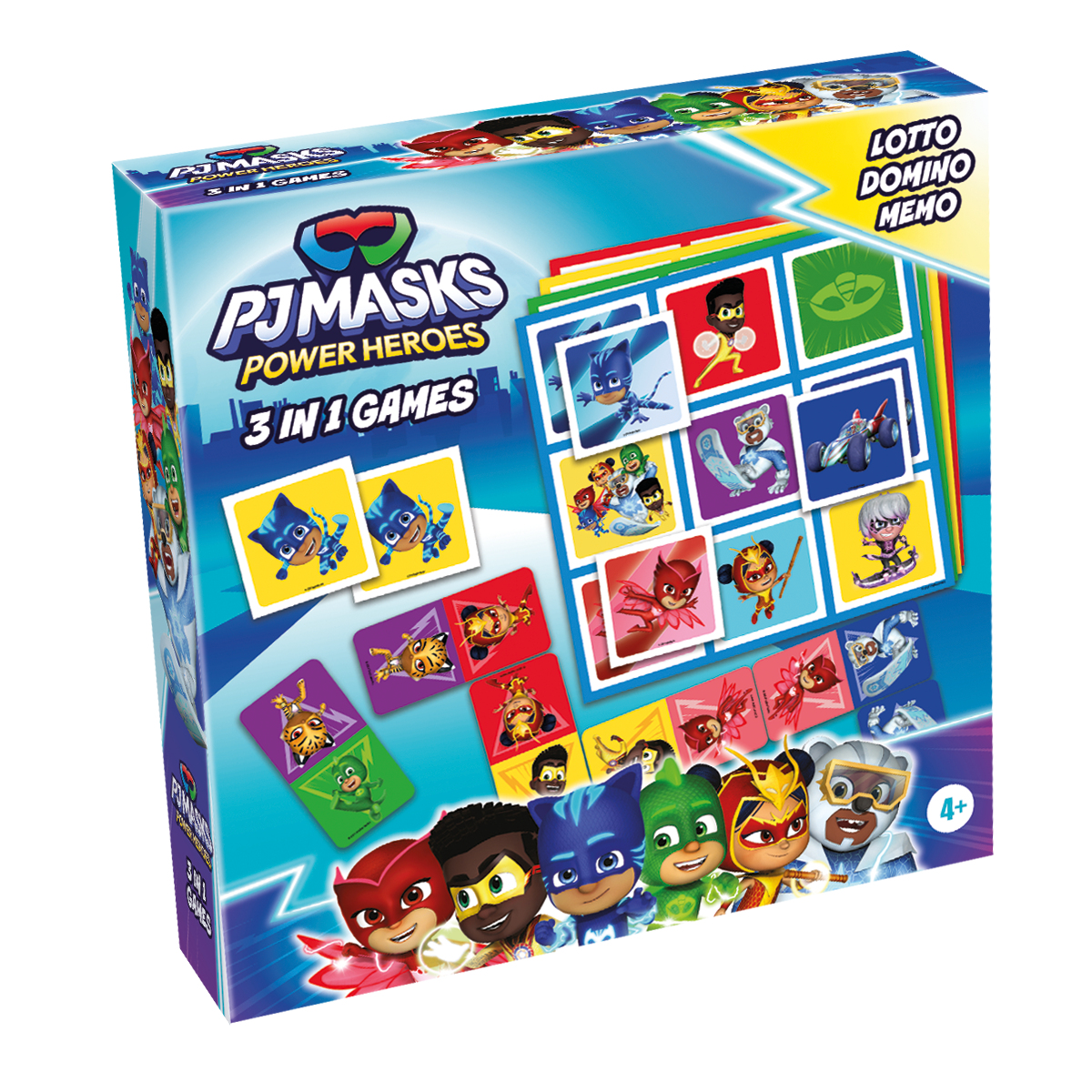 PJ Masks 3-in-1 spellenbox met personages en spelkaarten.