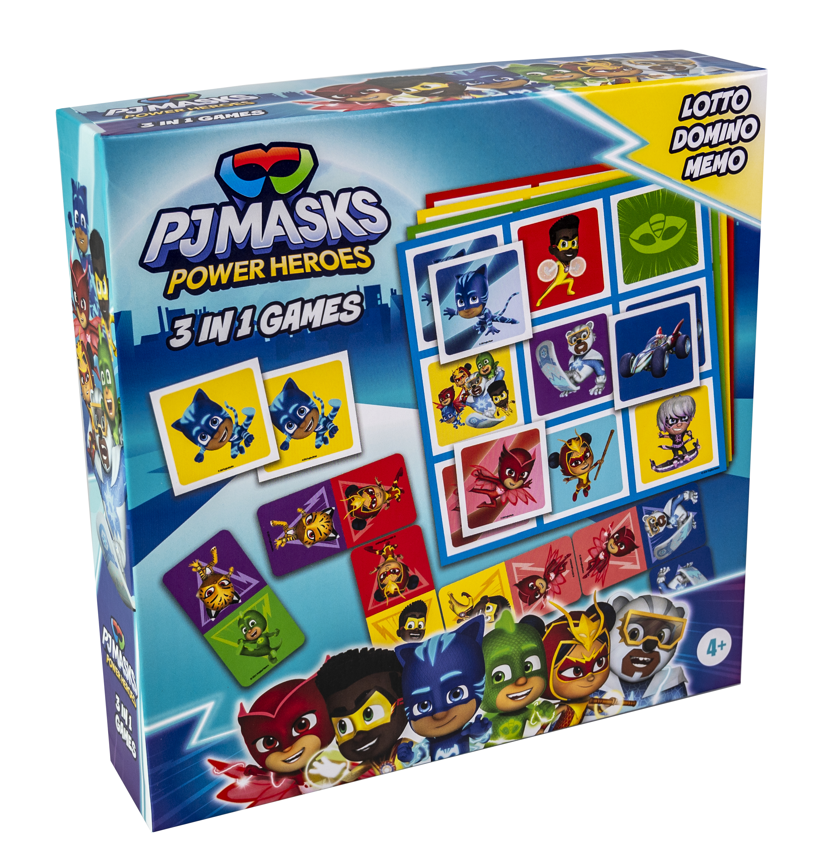 PJ Masks 3-in-1 spelletjesdoos met personages en kaarten.