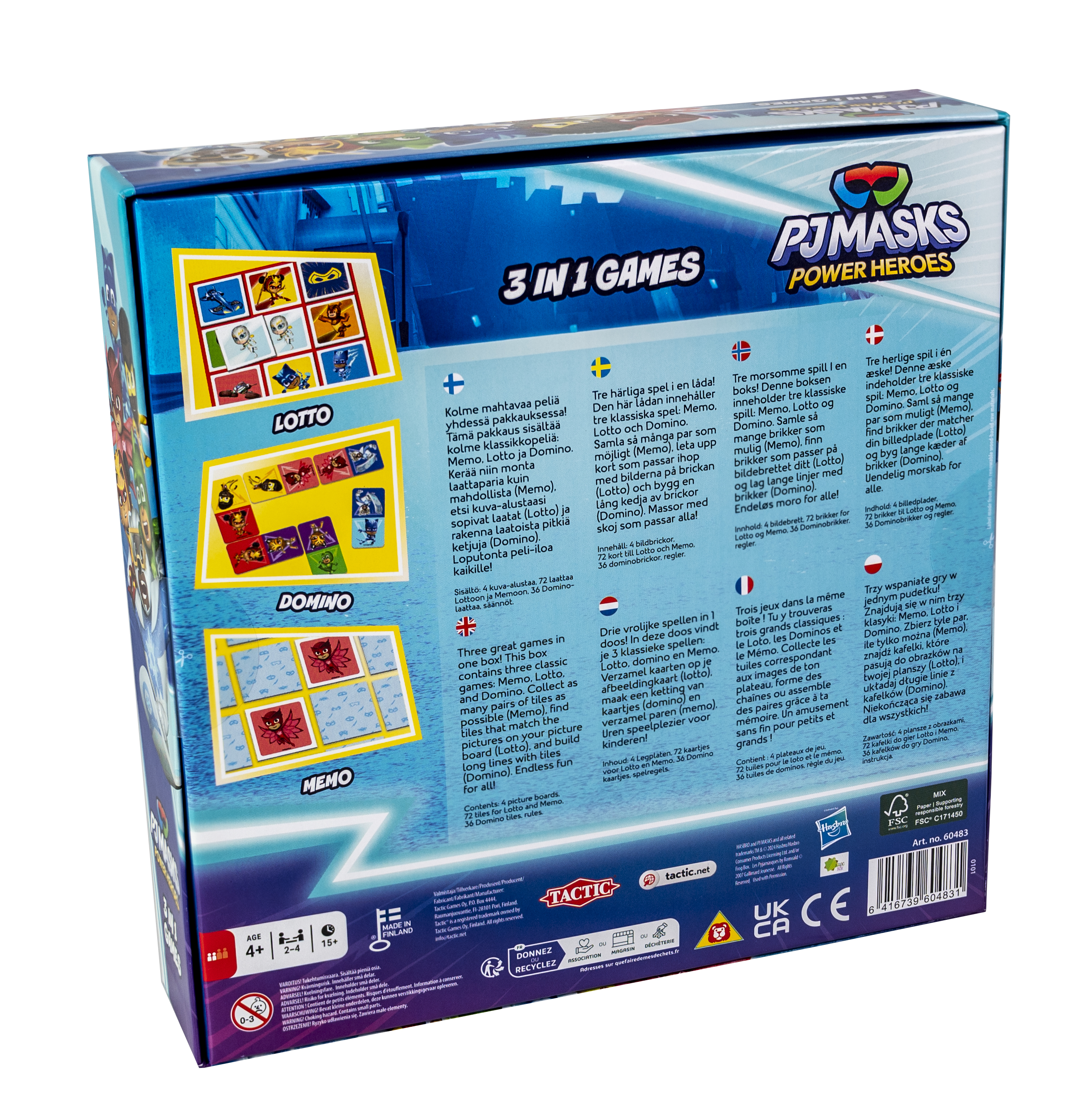 PJ Masks Power Heroes 3-in-1 spellenbox met Memo, Lotto & Domino. Inhoud: 4 borden, 72 kaarten, 36 domino's.