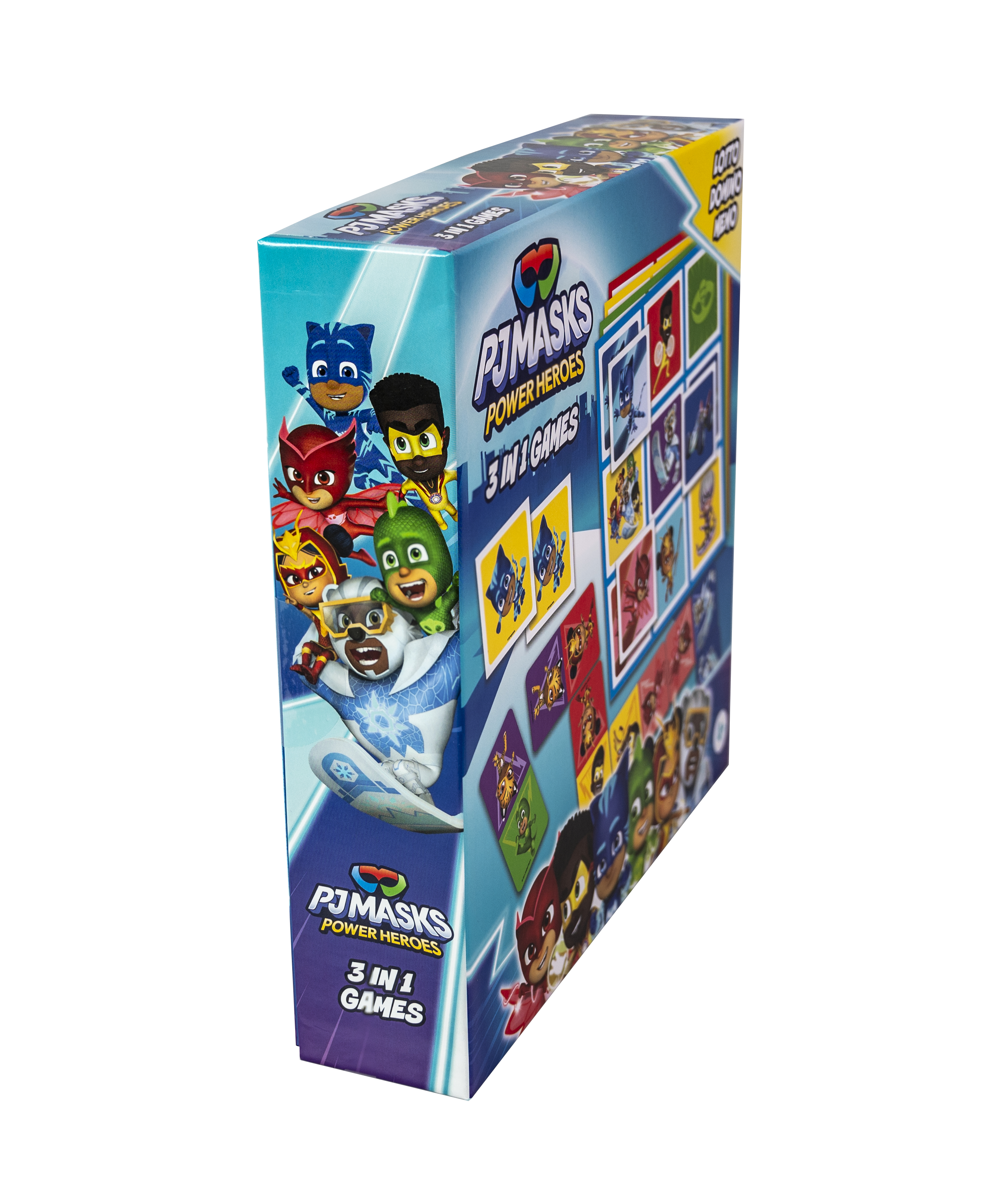 PJ Masks Power Heroes 3-in-1 spellenbox met karakterillustraties en speelkaarten.