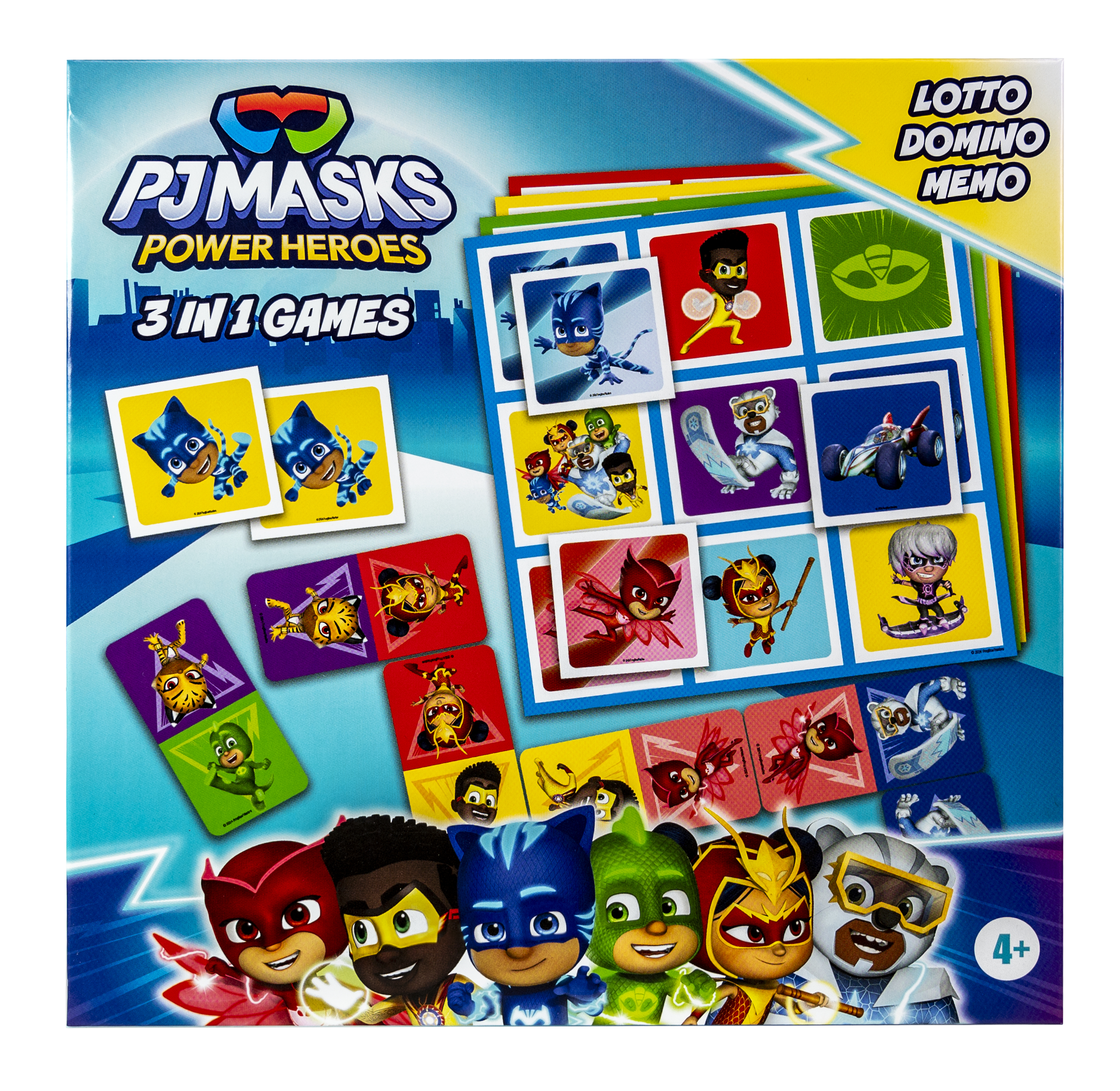 PJ Masks 3-in-1 spellenbox met personages en kaarten.