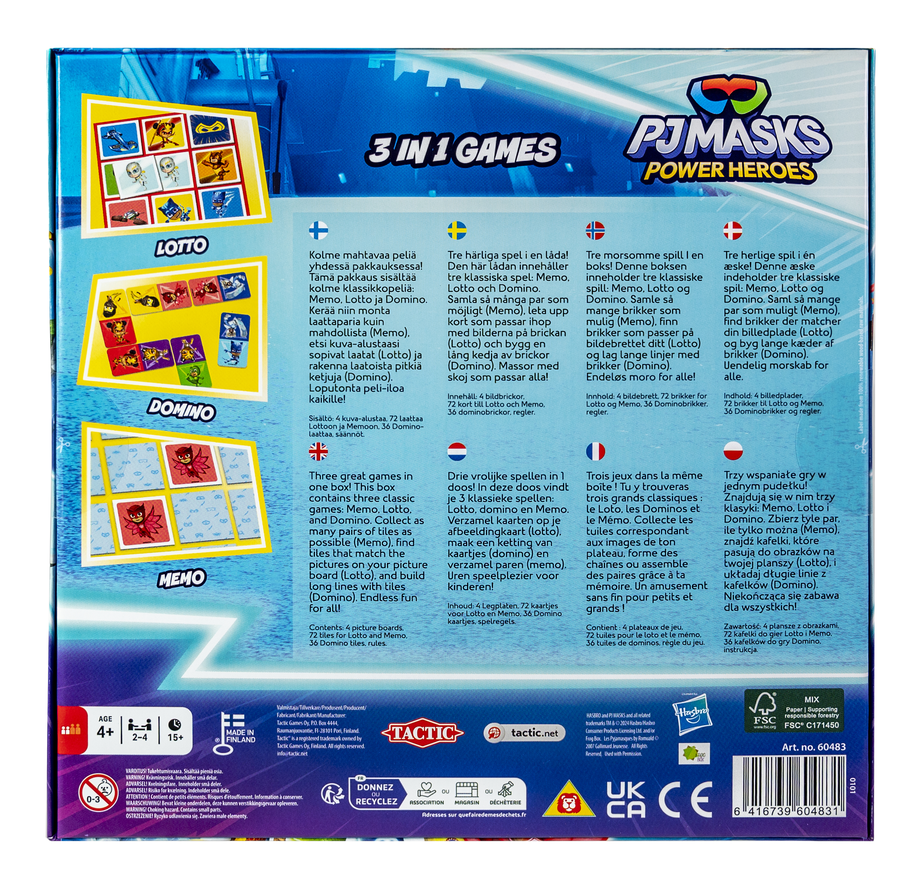 PJ Masks 3-in-1 speldoos met Memo-, Lotto- en Dominospellen voor kinderen 4+.