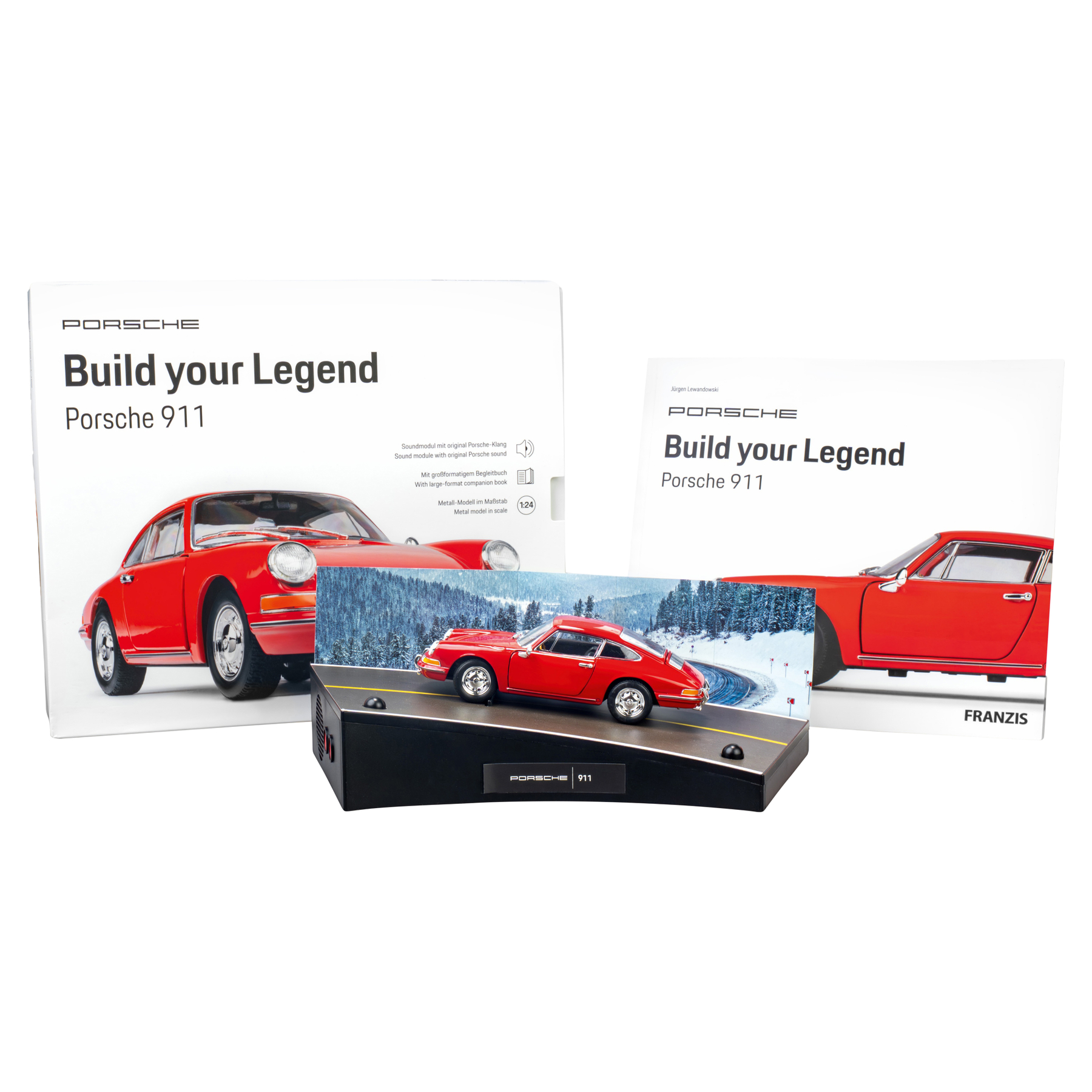 Porsche 911 Bausatz mit Metallmodell, Begleitbuch und Soundmodul.