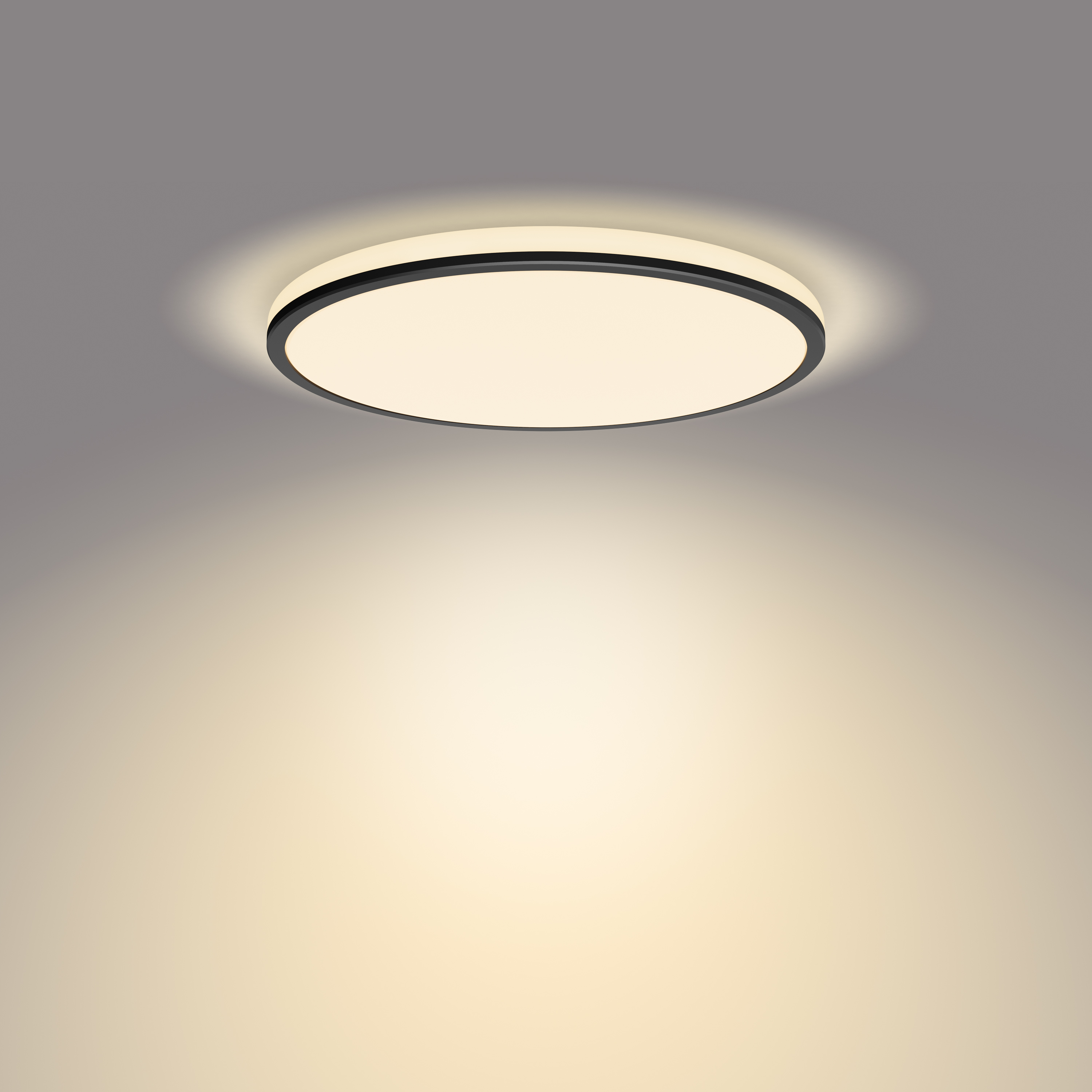 Lámpara de techo redonda y plana con borde negro, emite luz cálida.