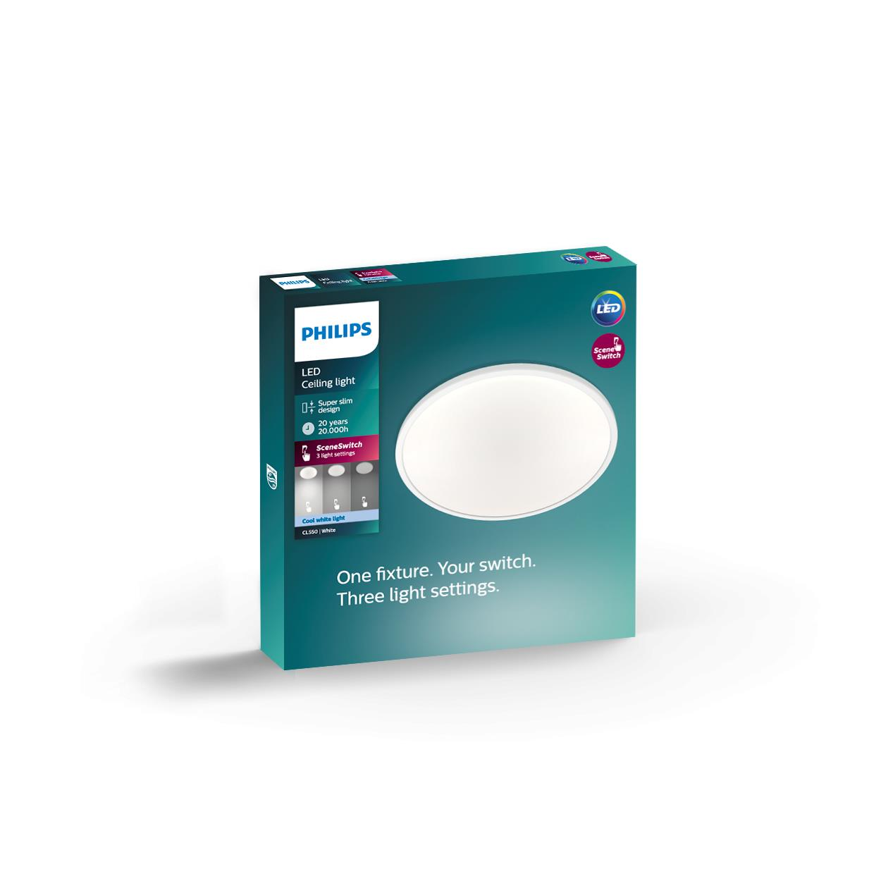 Plafonnier LED Philips avec trois réglages de lumière. Conception ultra-mince.