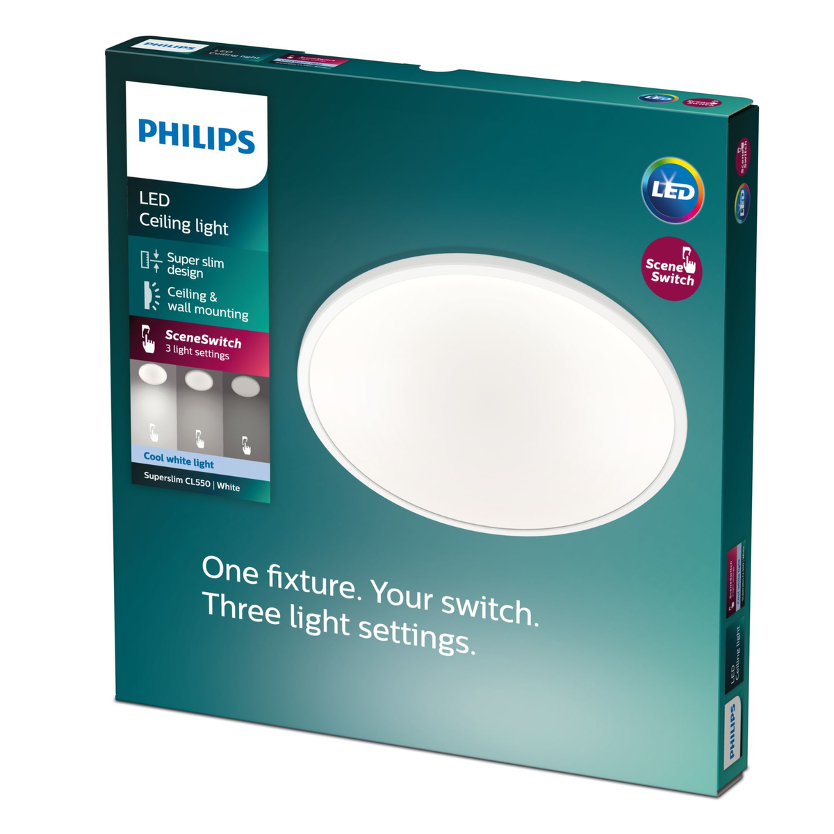 Boîte de plafonnier LED Philips, blanche, ultra-fine, 3 réglages de lumière.