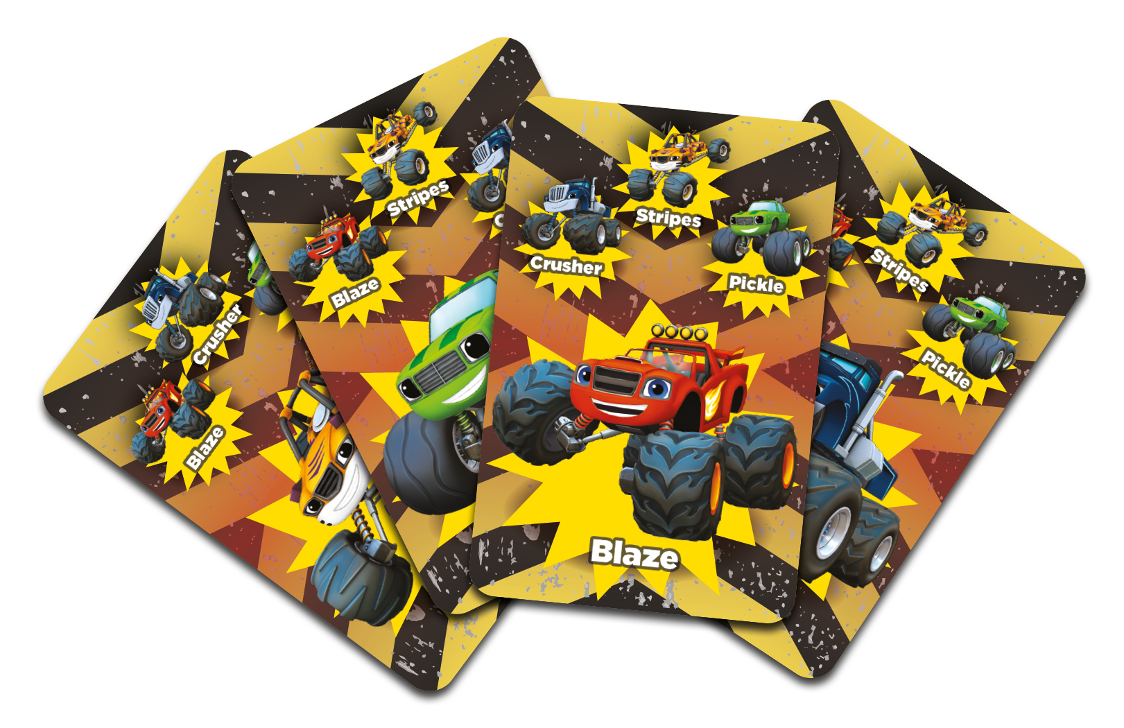 Kleurrijke monster truck kaarten met personages zoals Blaze, Stripes en Crusher.