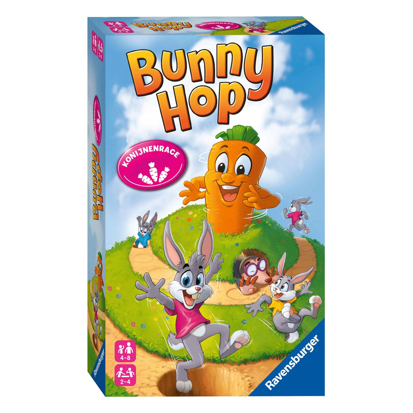 Bordspel doos met konijnen en wortel op een heuvel. Ravensburger.