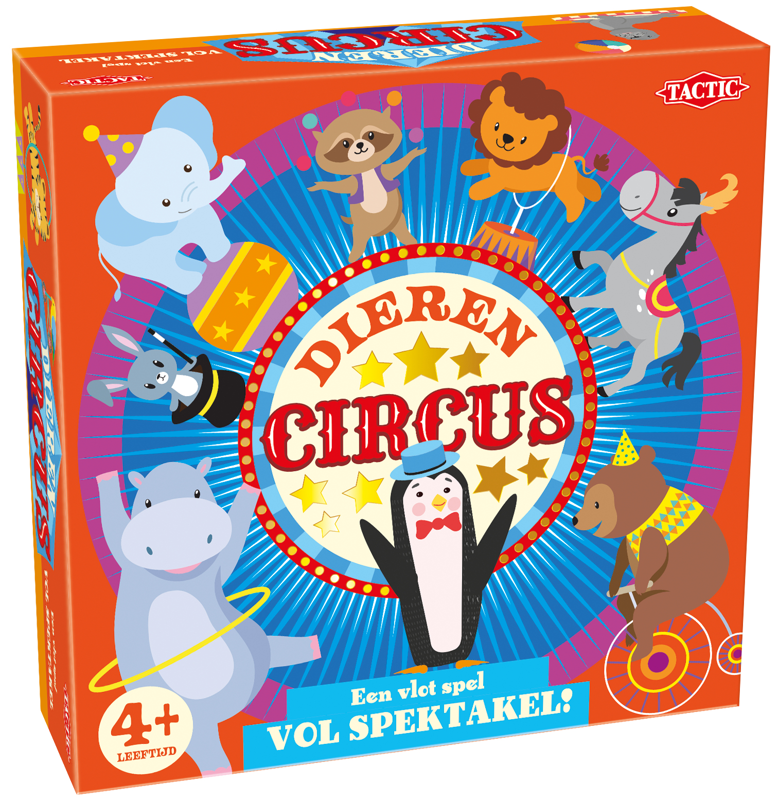 Kleurrijke speldoos met circusdieren: olifant, leeuw, beer, pinguïn, nijlpaard, konijn, wasbeer en paard.
