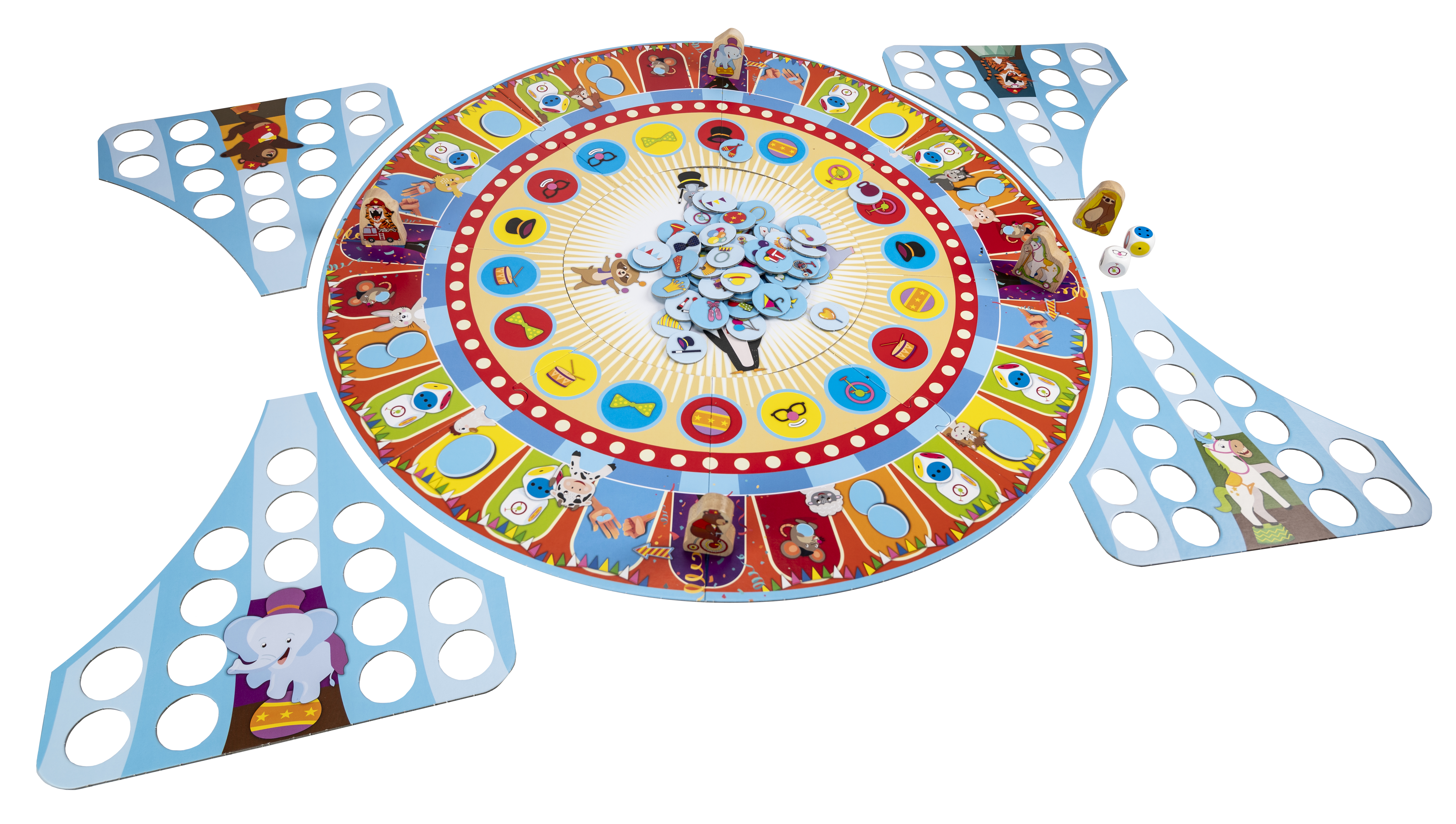 Circus bordspel met kleurrijke vakjes, figuren en dobbelstenen op witte achtergrond.