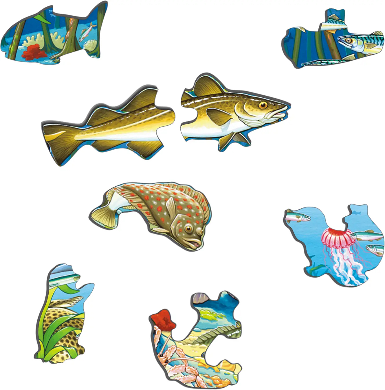 Puzzle-Teile mit Fischen, Quallen und Unterwasserlandschaften.
