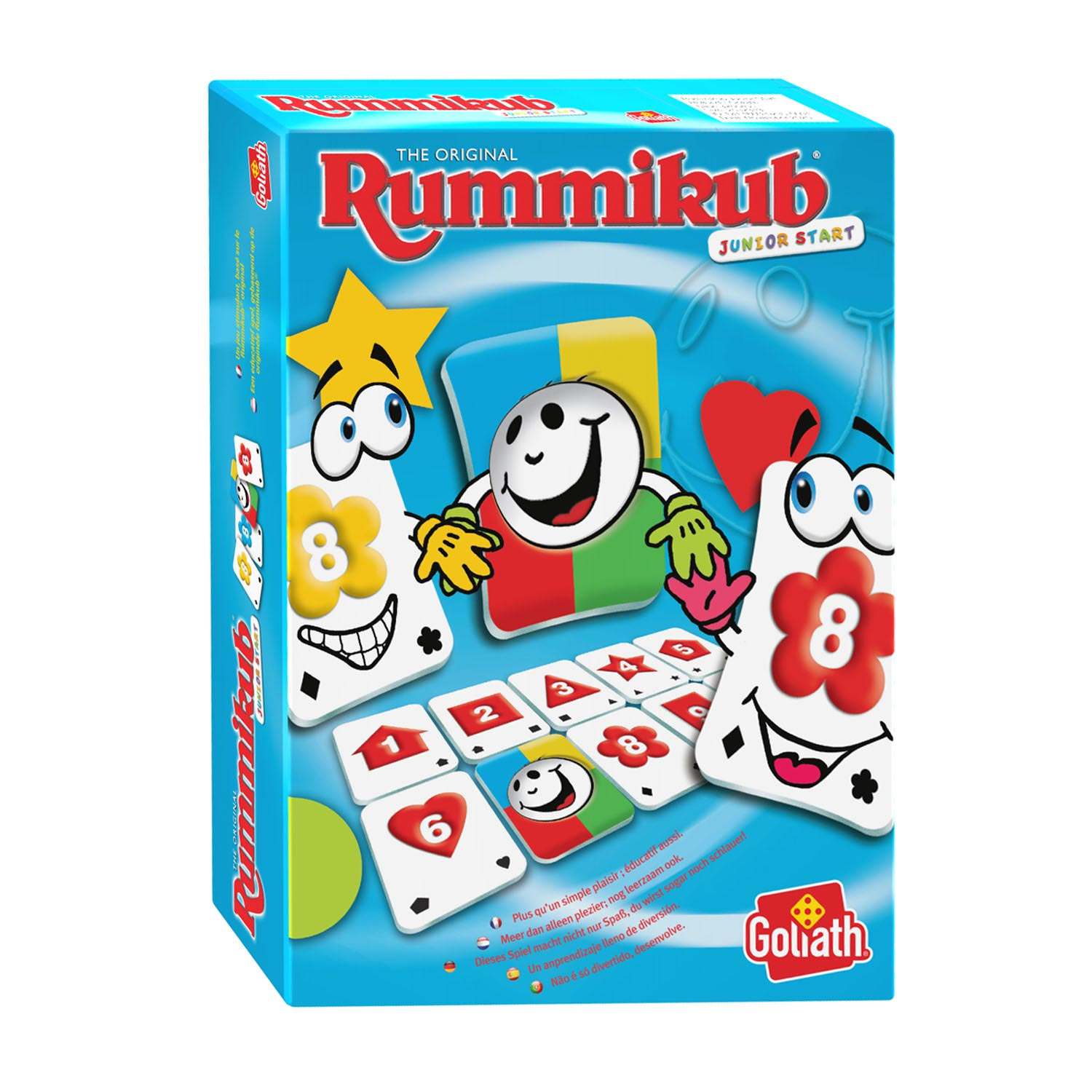 Rummikub Junior Start speldoos met kleurrijke speelfiguren en kaarten.