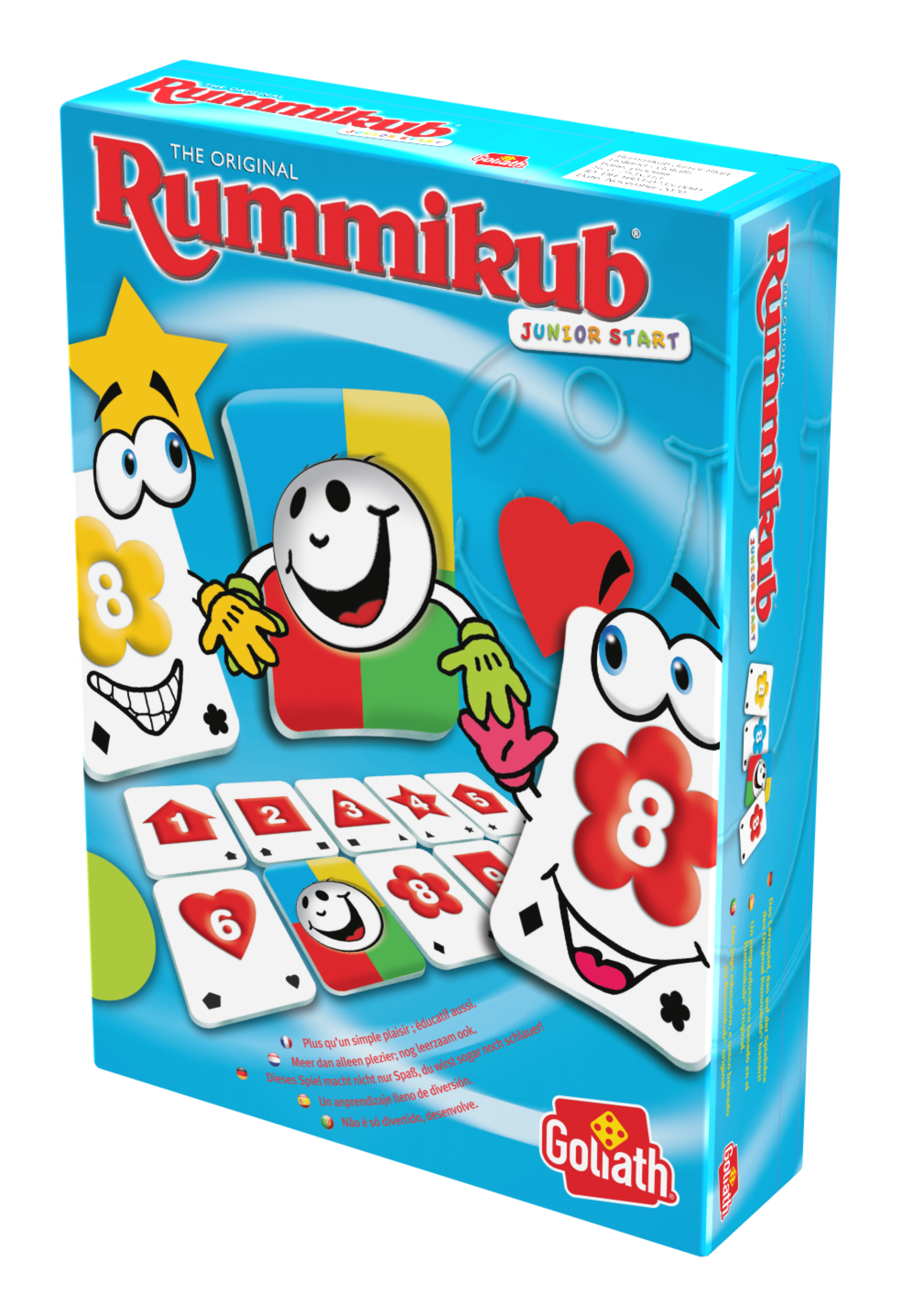 Rummikub Junior Start speldoos met kleurrijke kaarten en leuke figuren.