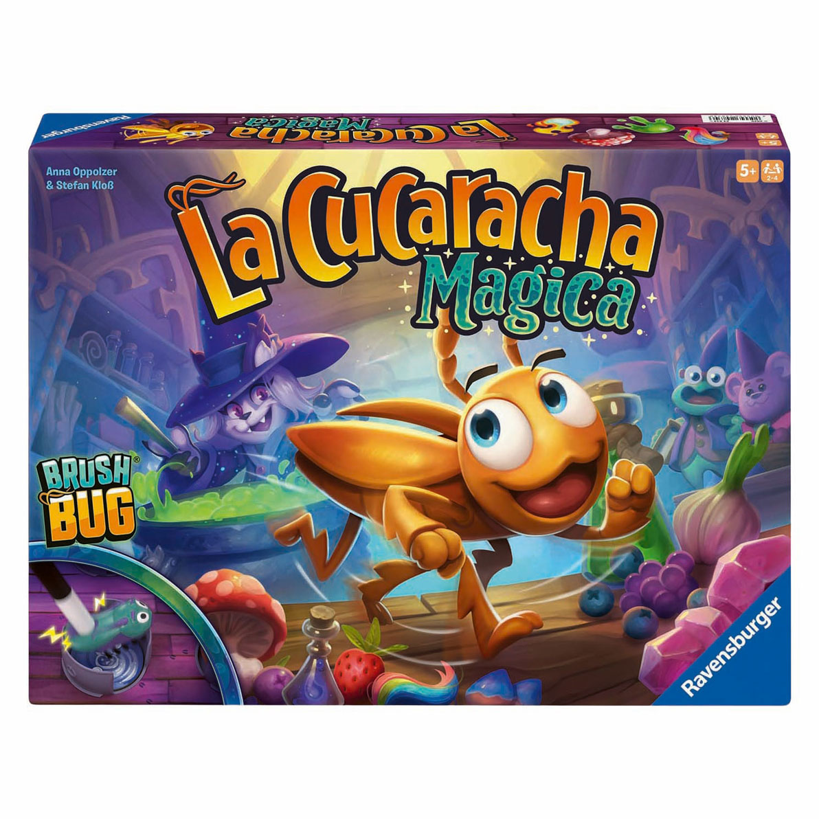 Een oranje kever met grote ogen rent weg voor een heksenketel, op het spel La Cucaracha Magica.