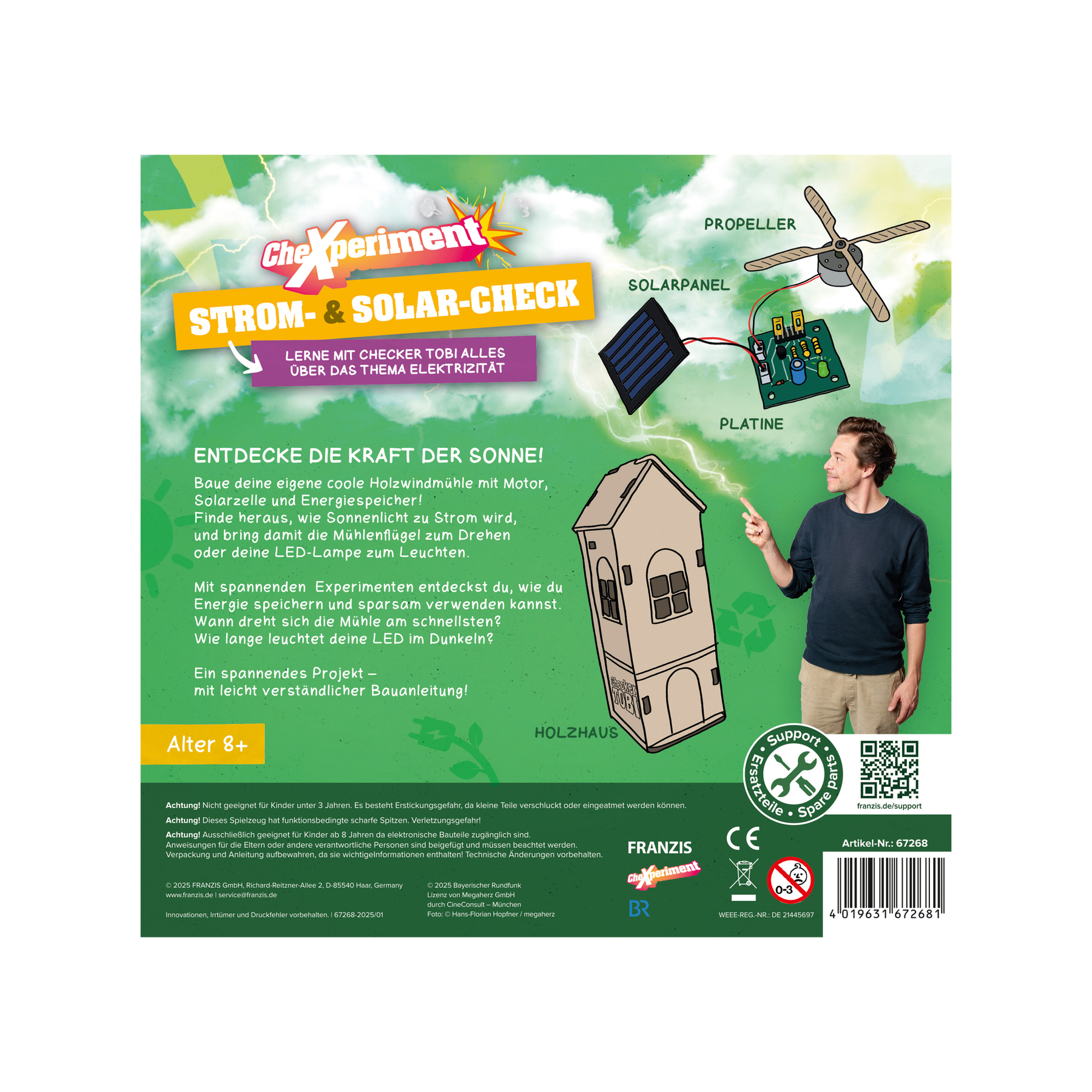 Experimentierkasten: Solarpanel, Platine, Propeller und Holzhaus-Modell mit Mann.