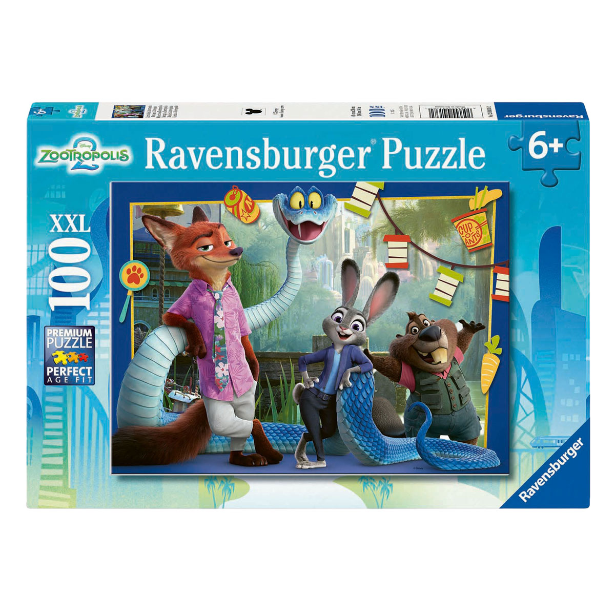 Zootropolis Ravensburger Puzzle mit Fuchs, Hase, Schlange und Biber.