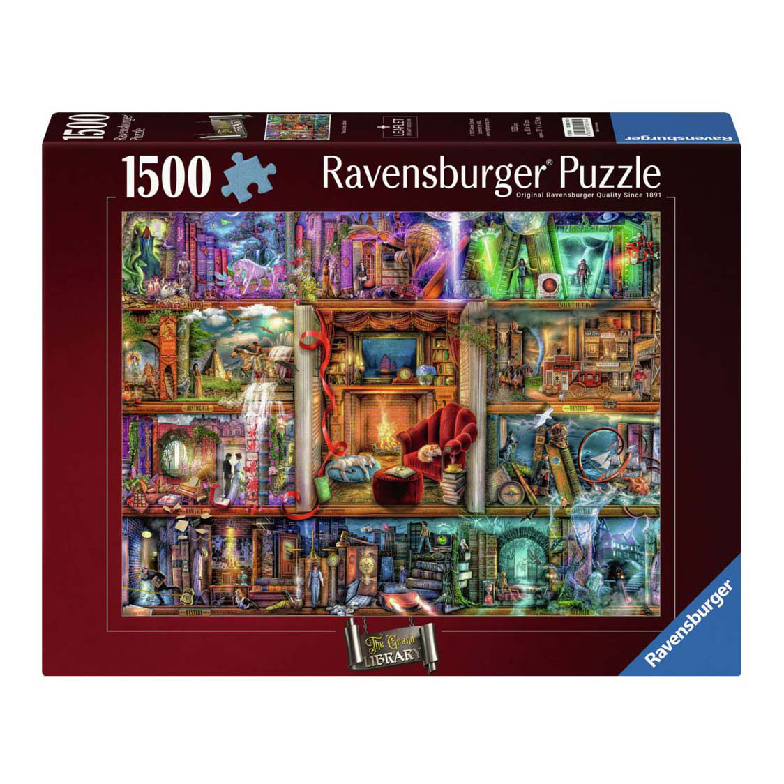 Puzzle Ravensburger da 1500 pezzi "The Grand Library" con molte scene.