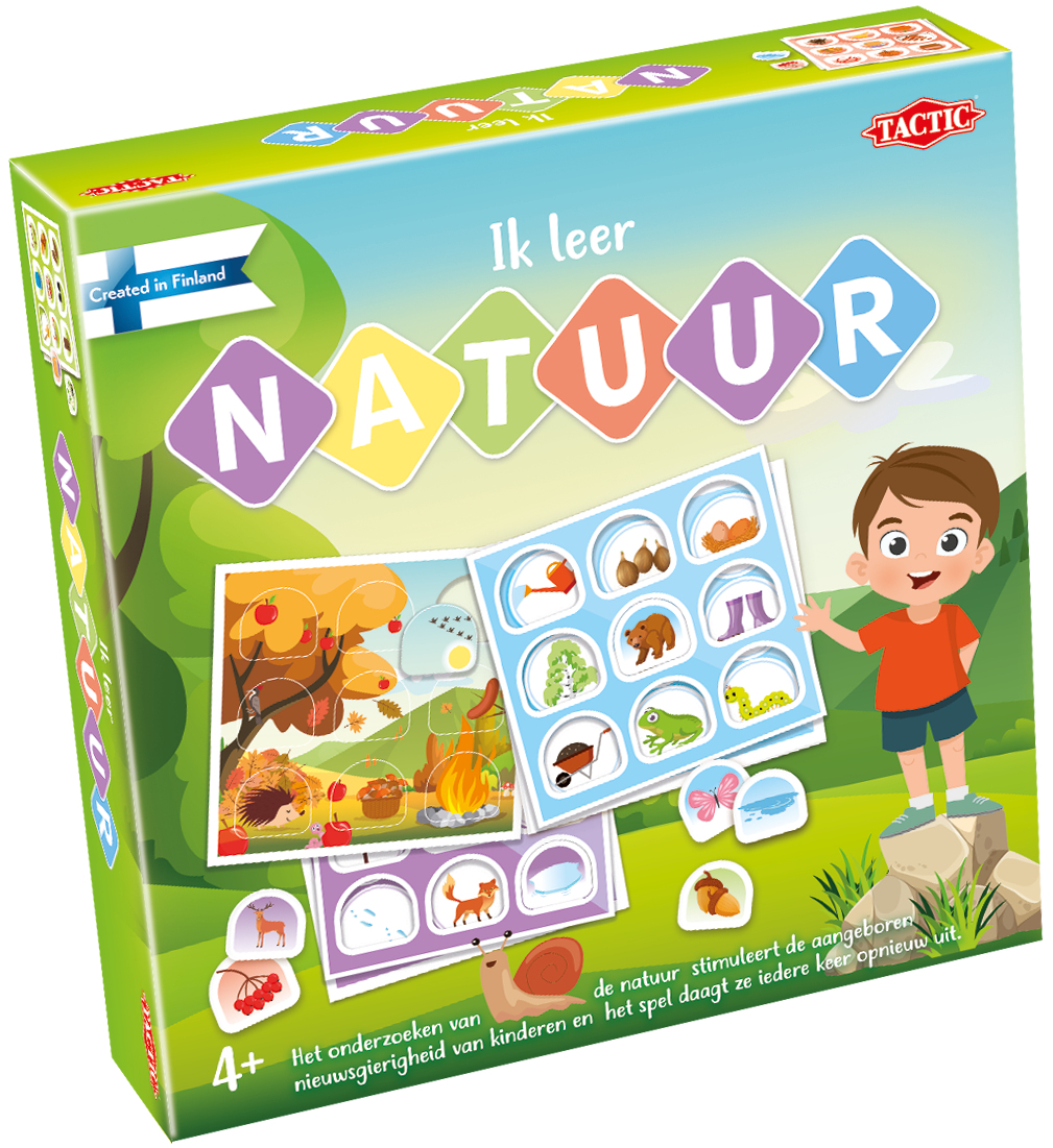 Speldoos 'Ik leer NATUUR' met kinderen, natuur en spelonderdelen.