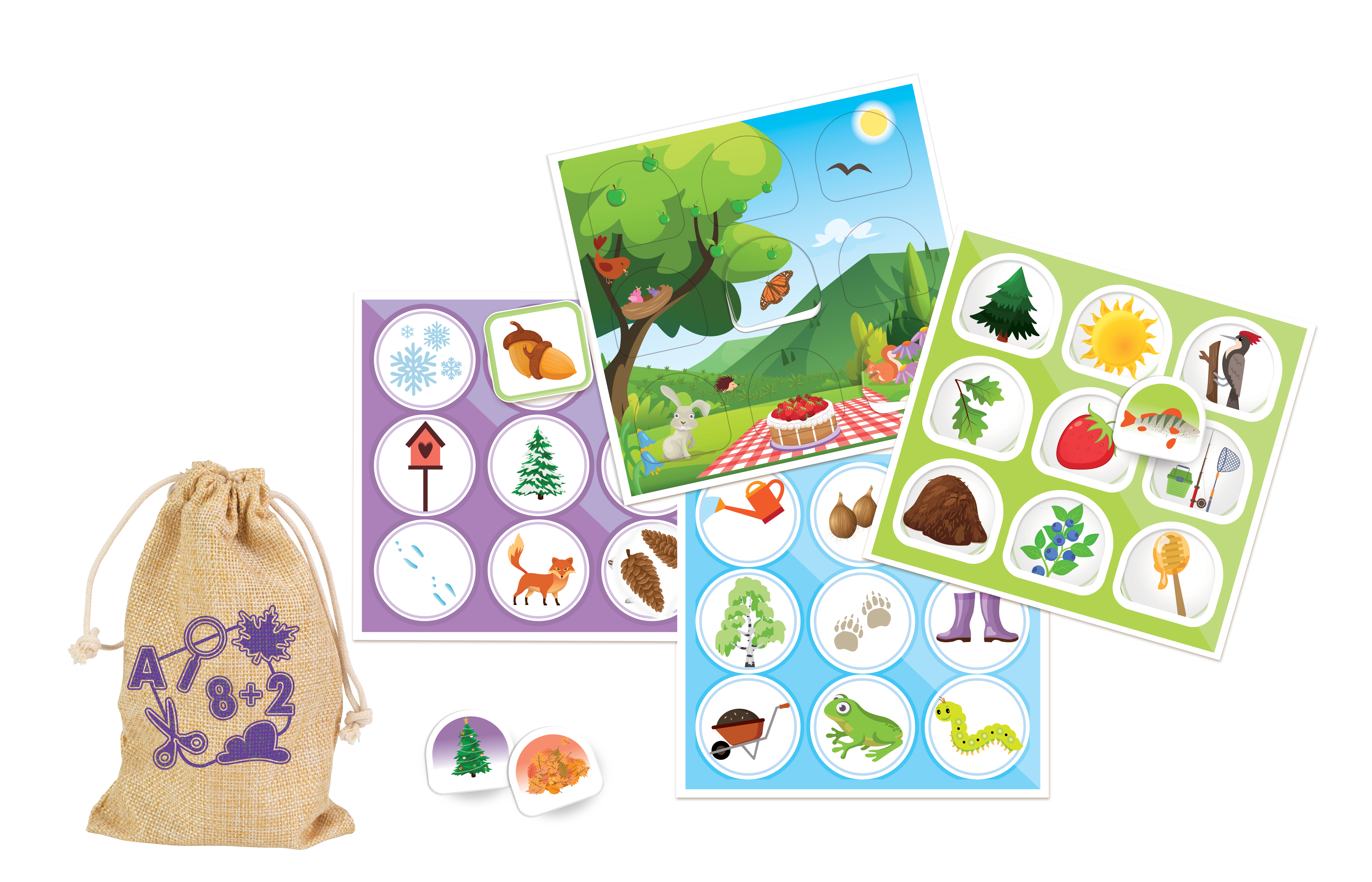 Een jute zak met paarse symbolen, naast puzzels met natuurmotieven.