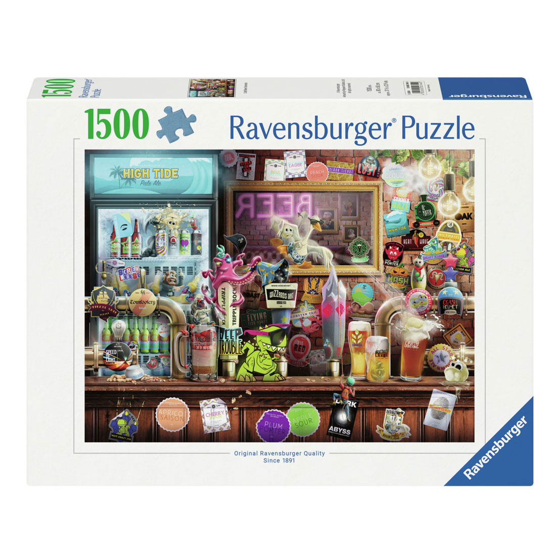 Un puzzle Ravensburger da 1500 pezzi raffigurante una vivace scena da bar con molte bottiglie e bicchieri.