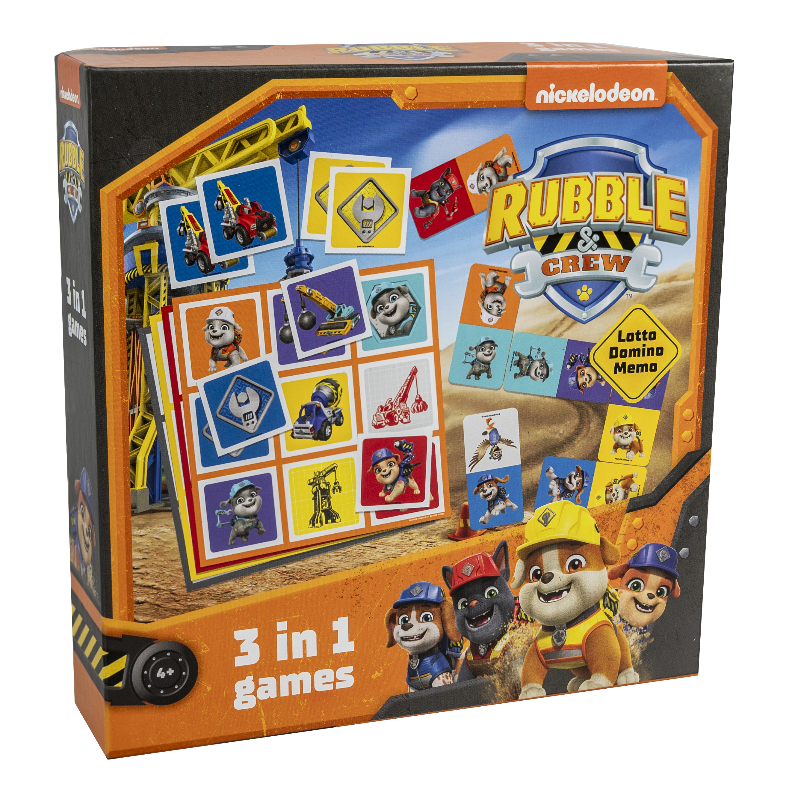 Speldoos met Paw Patrol-personages, bouwvakkersvoertuigen en speelkaarten.