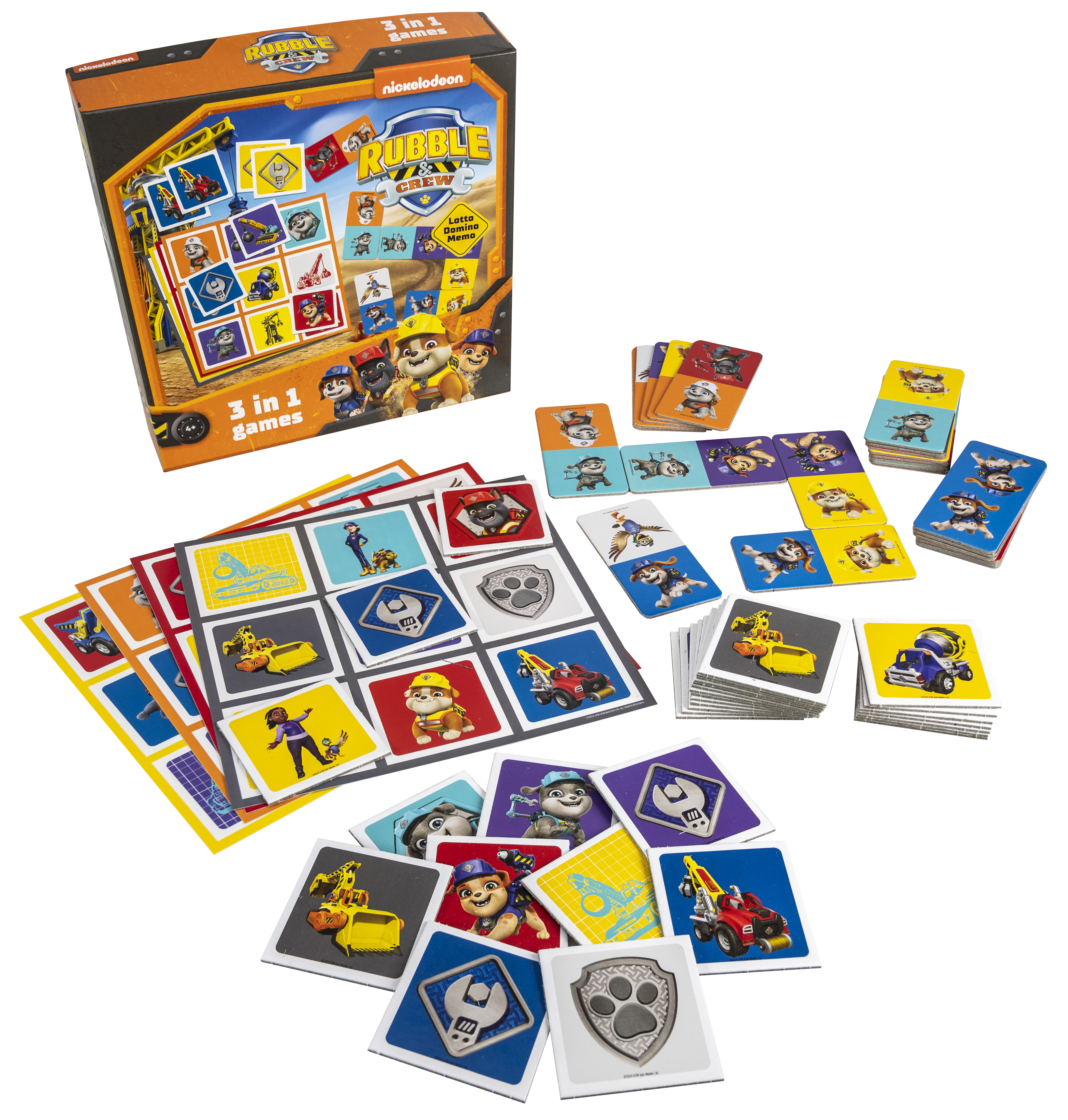 Paw Patrol Rubble bordspel met veel kaarten met honden en voertuigen.