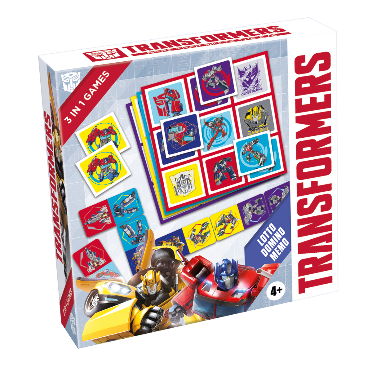 Transformers speldoos met Optimus Prime, Bumblebee en speelkaarten.