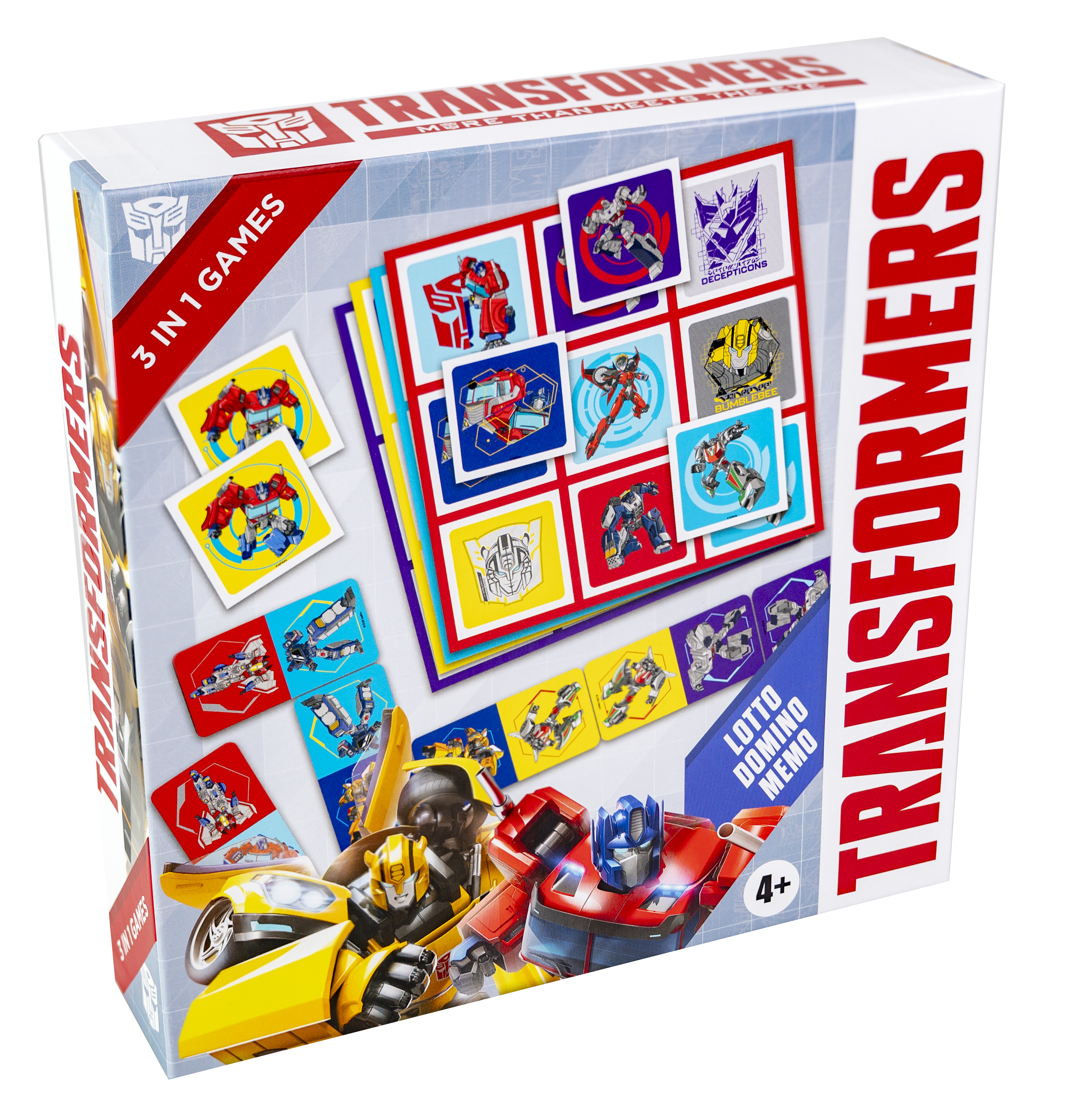 Transformers 3-in-1 spellen doos met Optimus Prime, Bumblebee en speelkaarten.