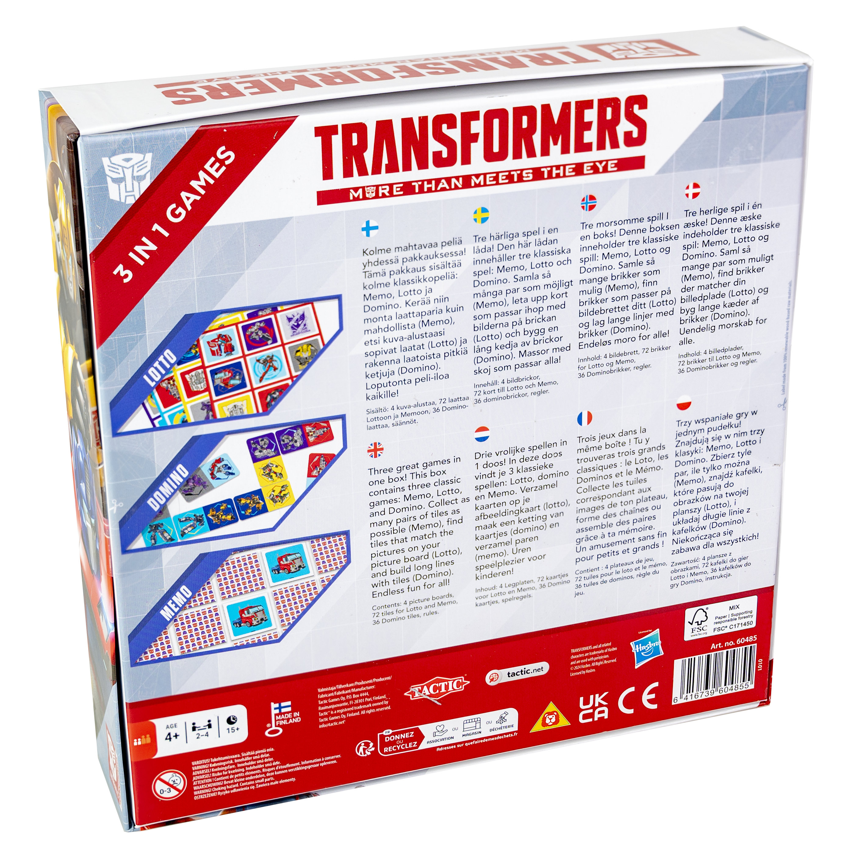 De TRANSFORMERS 3-in-1 Spelletjesdoos bevat Memo, Lotto en Domino.
