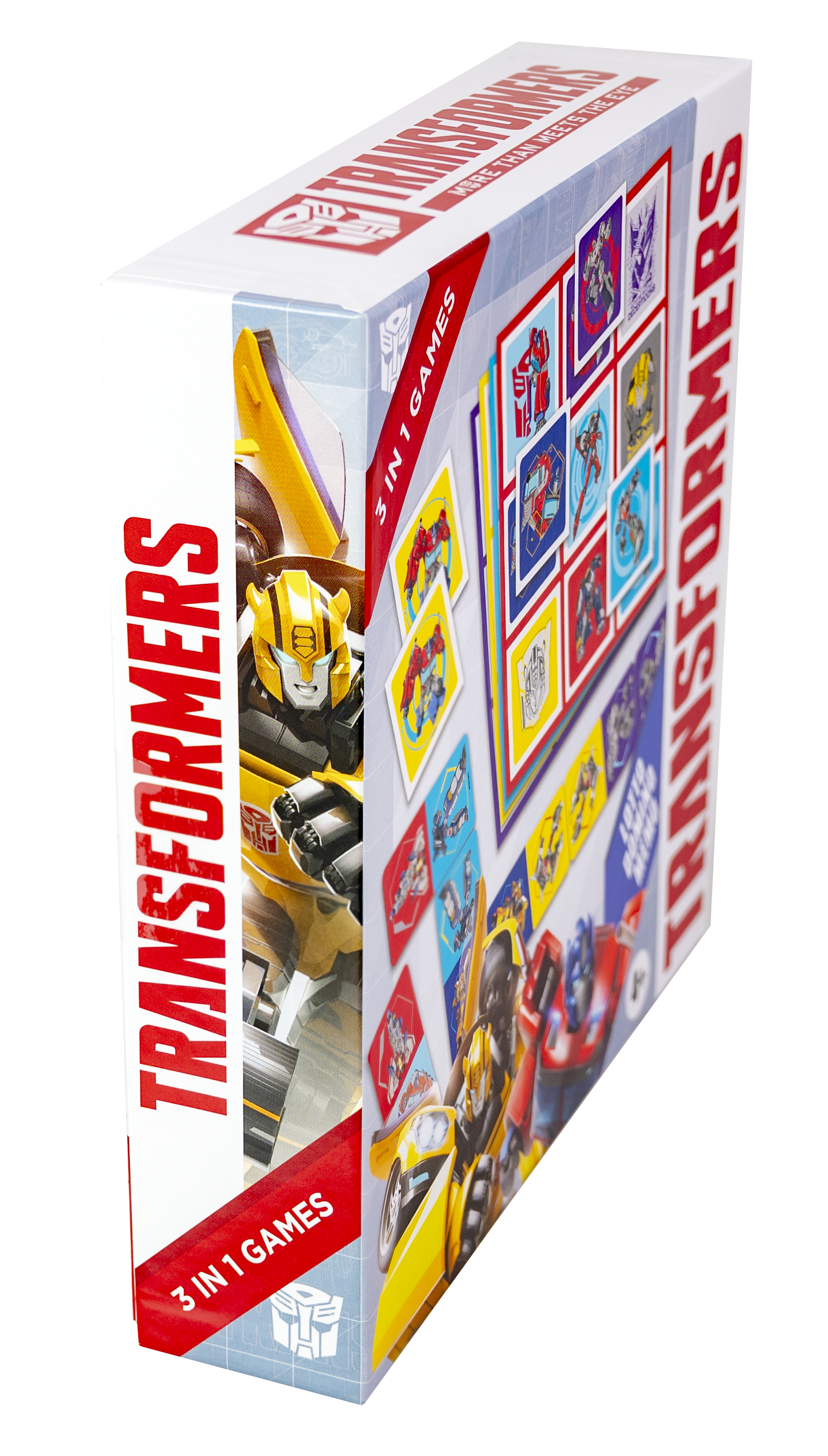 Transformers speldoos met personages en kaarten. Gele robot op de voorgrond.