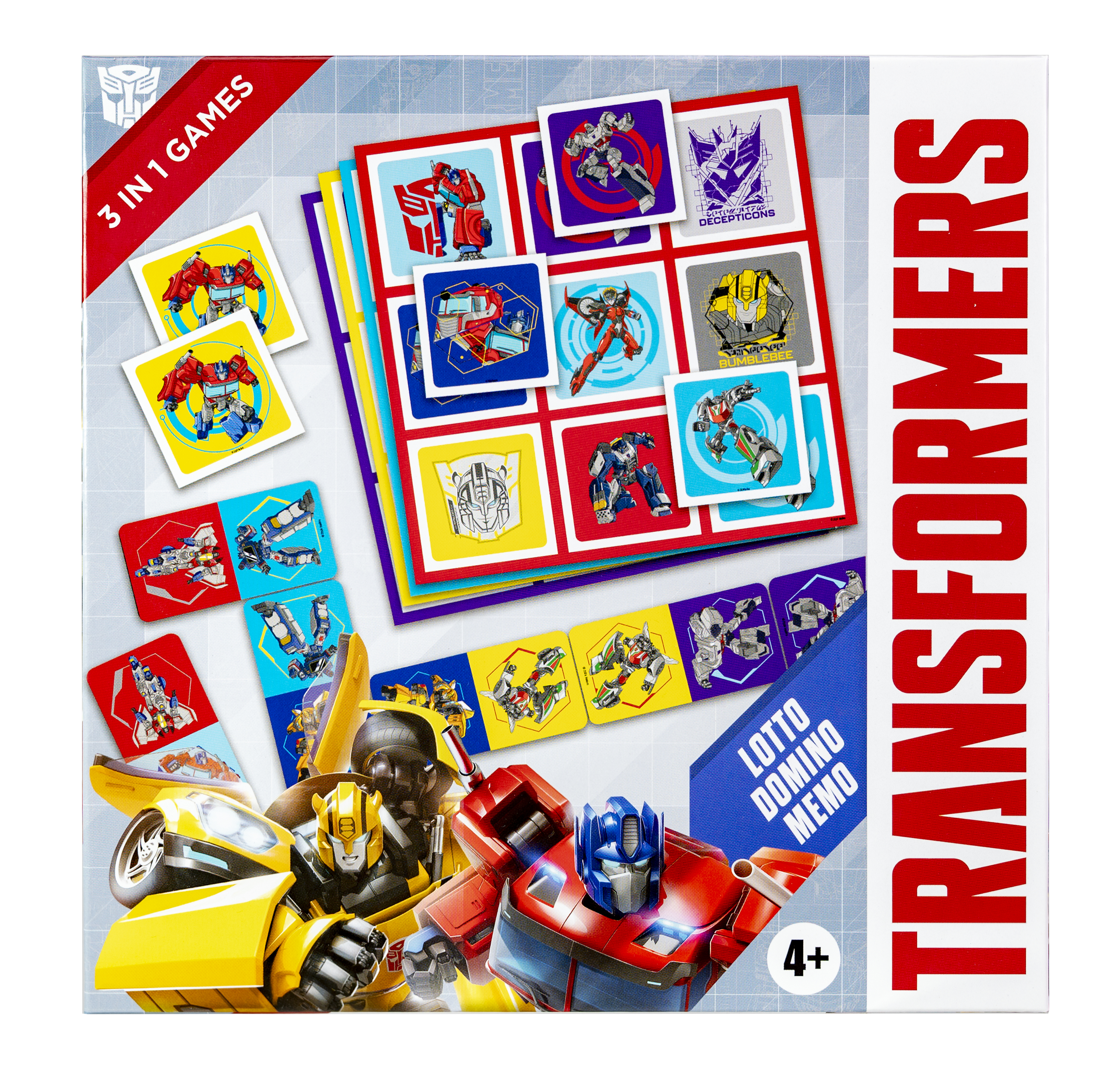 Transformers speldoos met Optimus Prime en Bumblebee, toont spelkaarten.