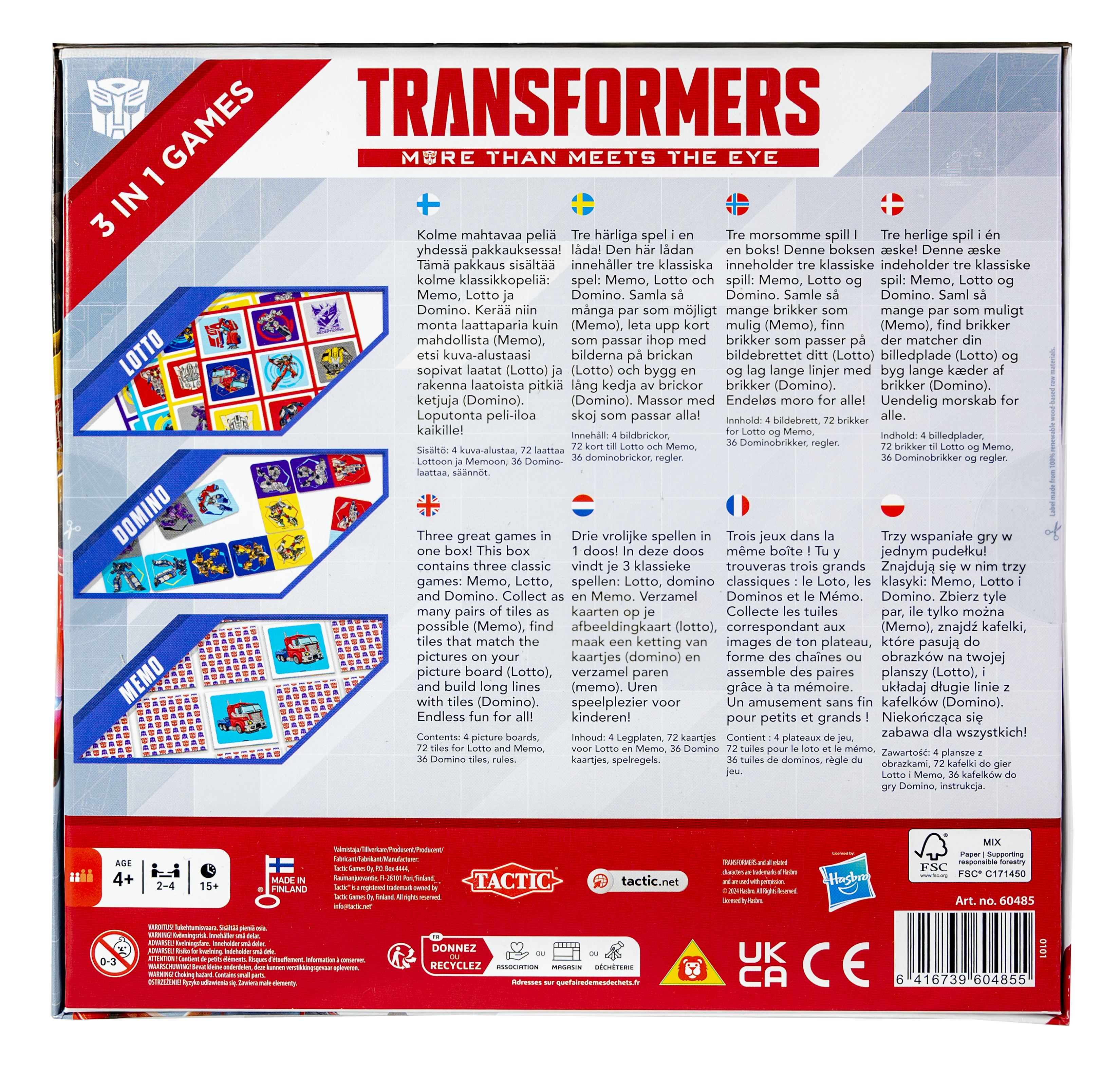 Transformers speldoos met Memo, Lotto en Domino. Bevat 4 speelborden, 72 tegels, regels.