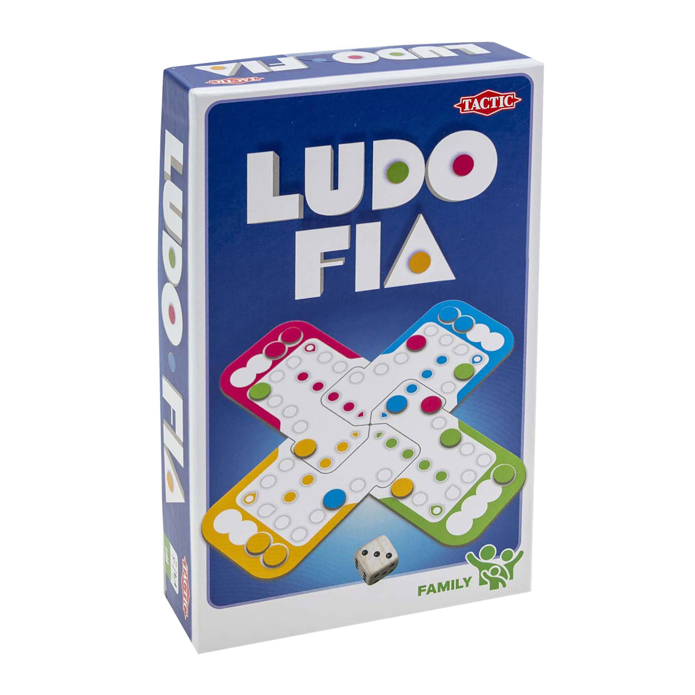 Ludo FIA spelbord met kleurrijke pionnen en dobbelsteen op blauwe achtergrond.