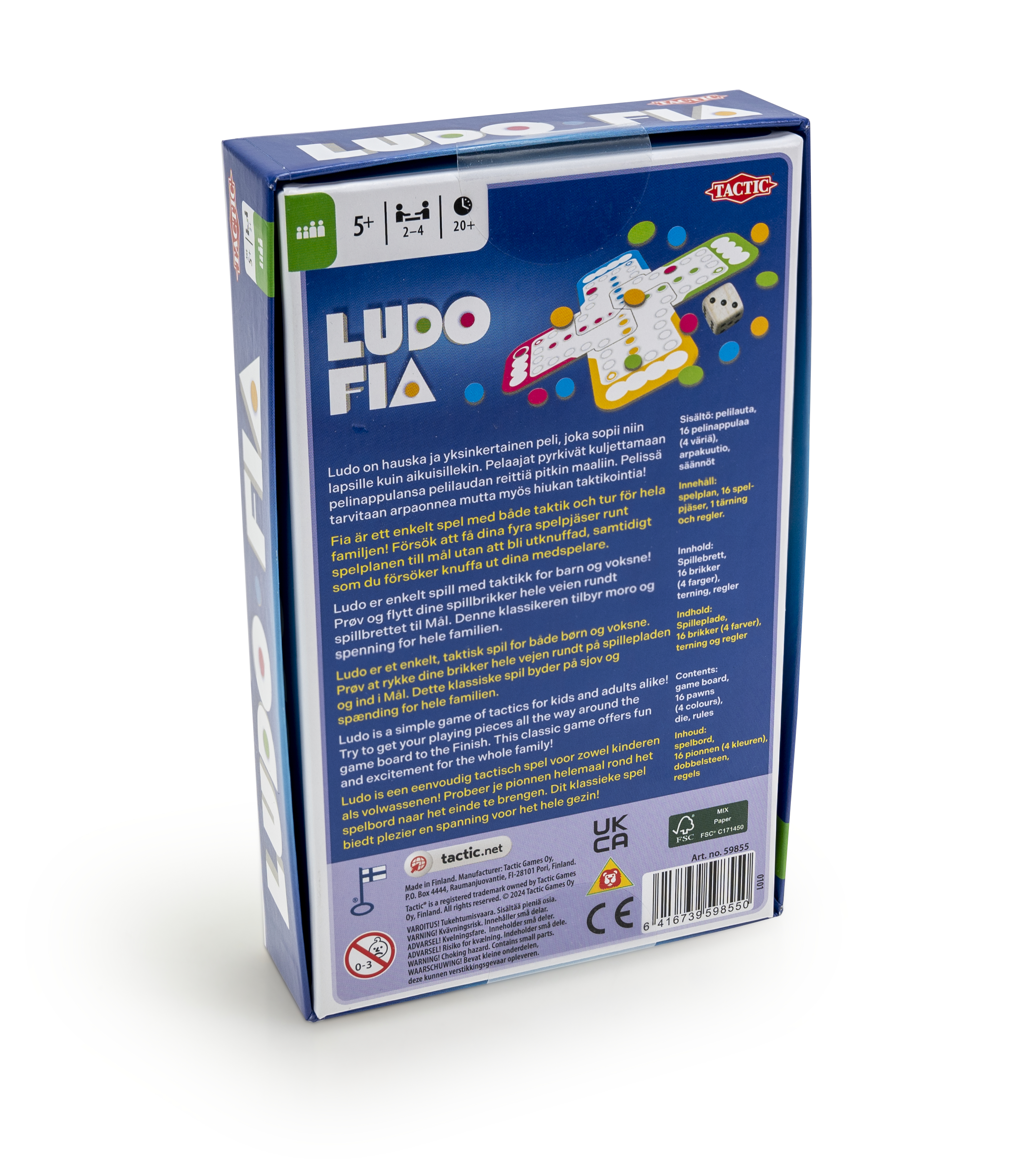 Doos van het Tactic bordspel Ludo Fia. Voor 2-4 spelers, 5+ jaar.