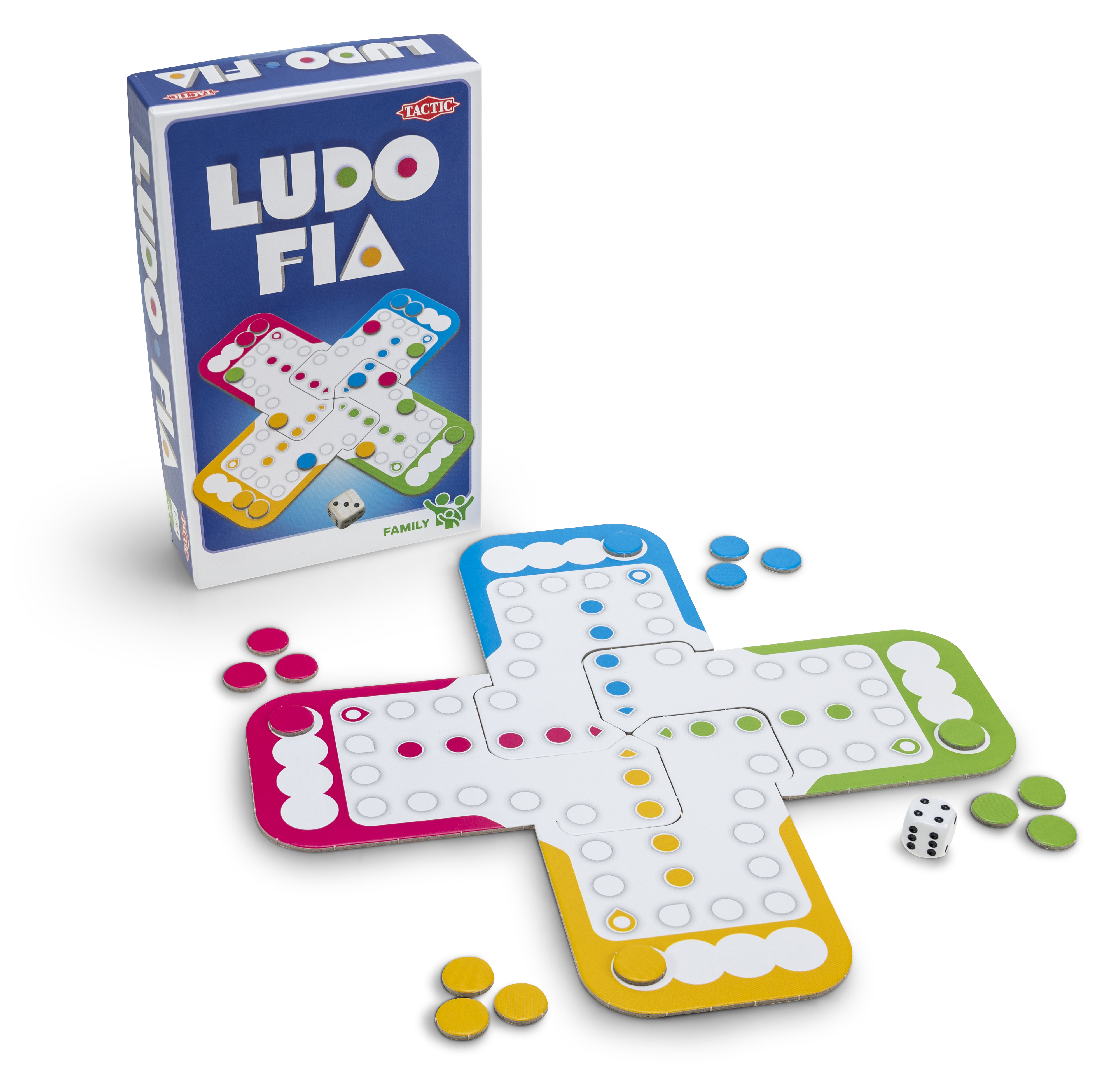 Ludo Fia spelbord en doos met dobbelsteen en pionnen in rood, blauw, geel en groen.