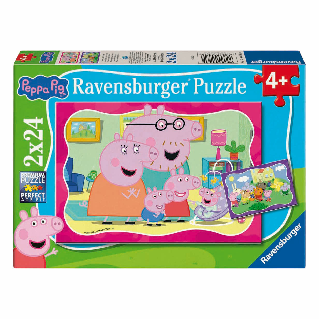 Puzzle Ravensburger Peppa Pig 2x24 pezzi con famiglia salotto.