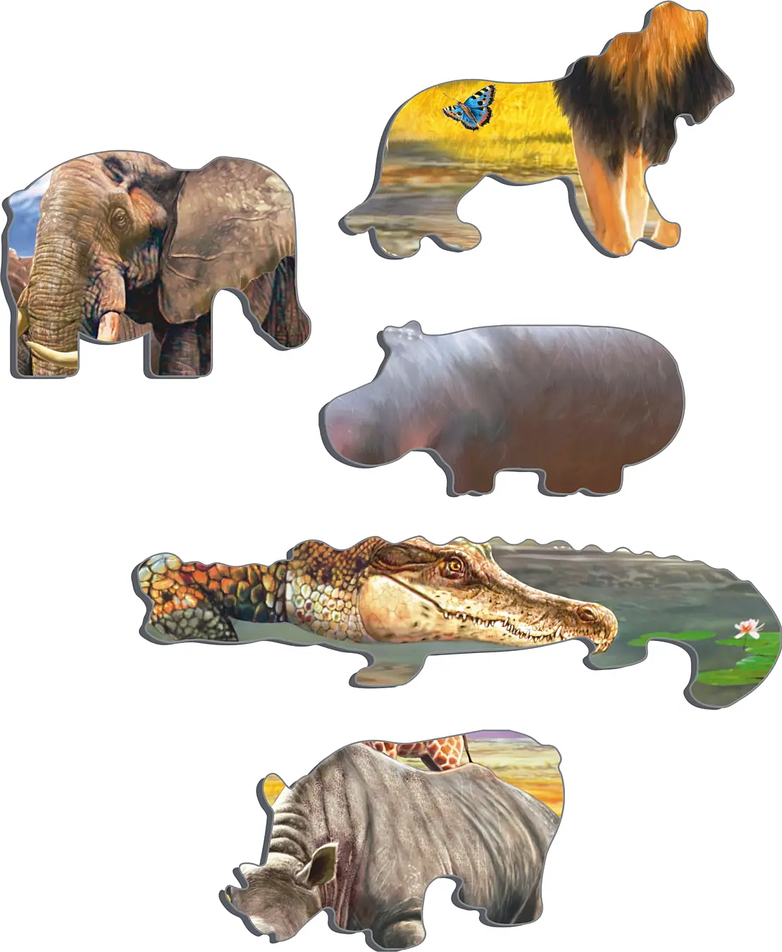 Animaux puzzle : éléphant, lion avec papillon, hippopotame, crocodile, rhinocéros.