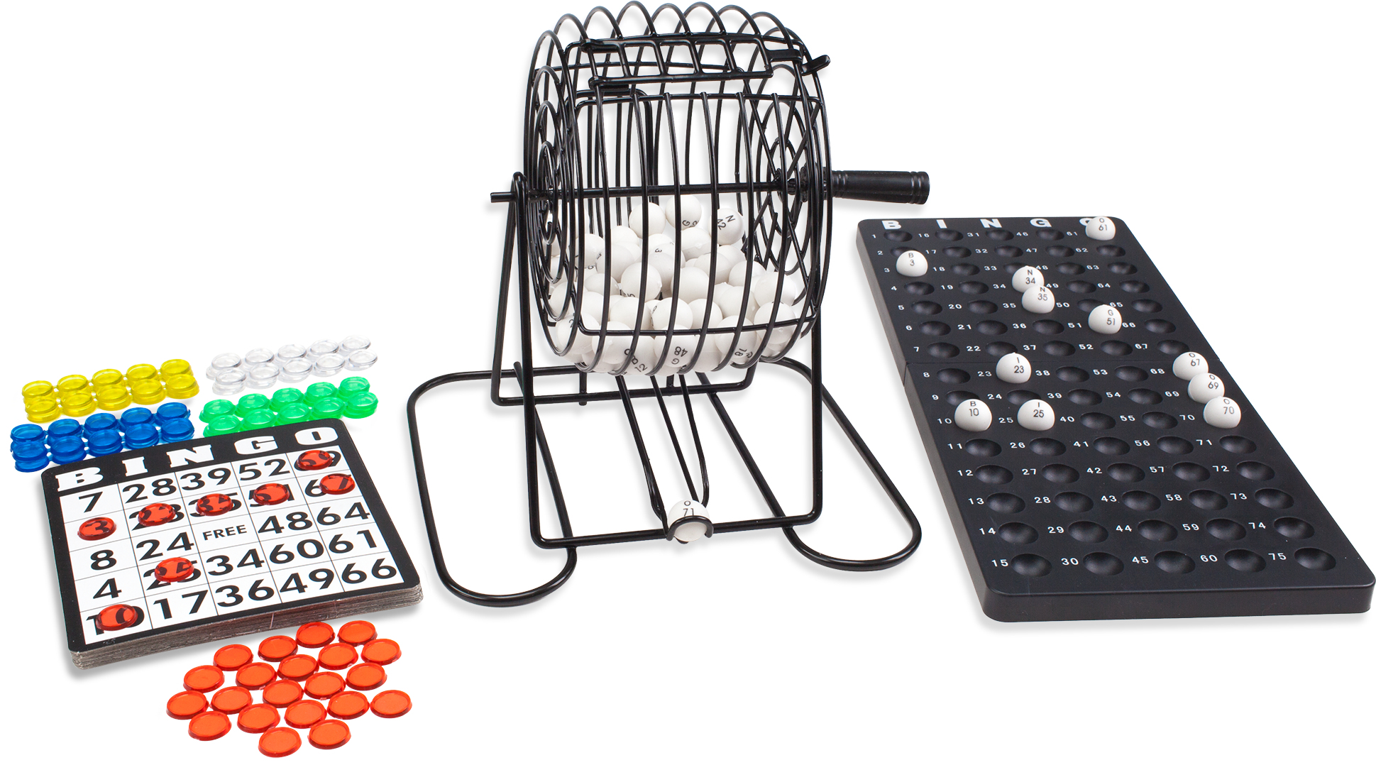 Zestaw do gry w bingo z klatką, kulkami, kartami i znacznikami.