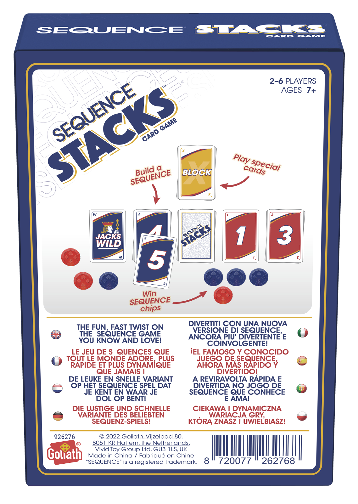 Kartenspiel "Sequence Stacks" mit Spielkarten, Chips und Anleitung.