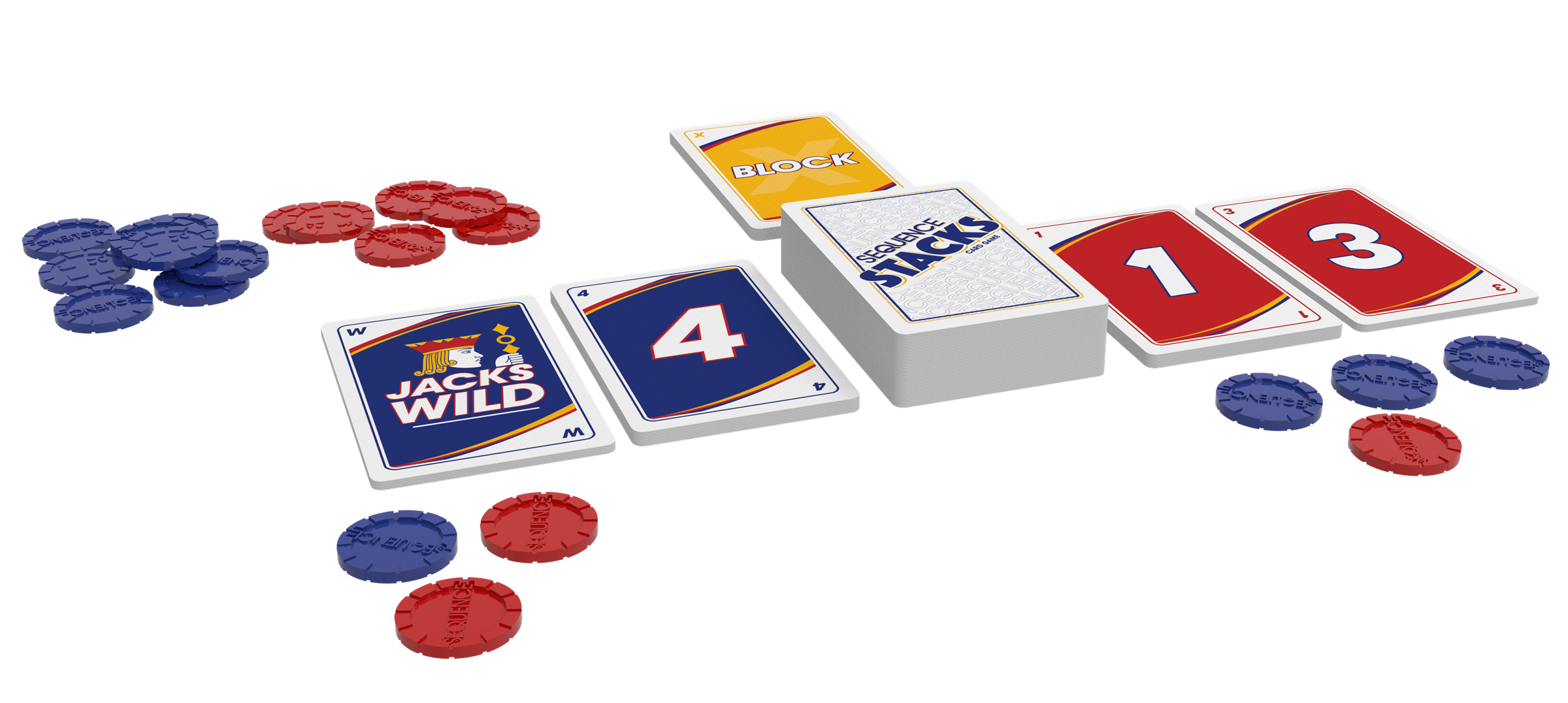 Spielkarten und Chips liegen auf einem weißen Hintergrund. Karten zeigen Zahlen und Bilder.