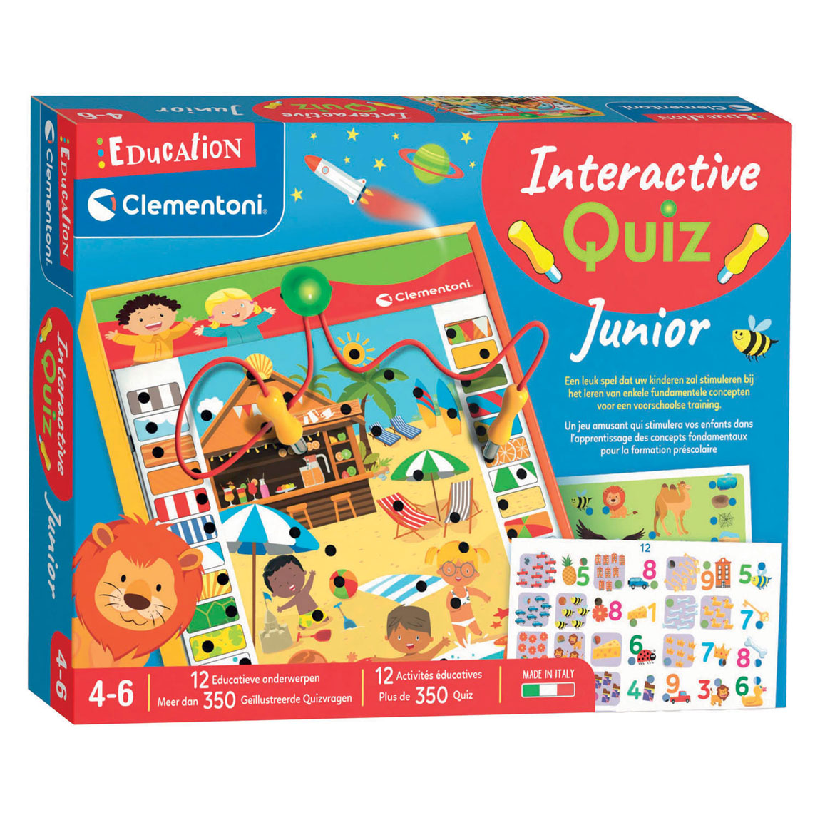 Spelverpakking met leeuw, kinderen en strandthema, Clementoni Interactive Quiz Junior.